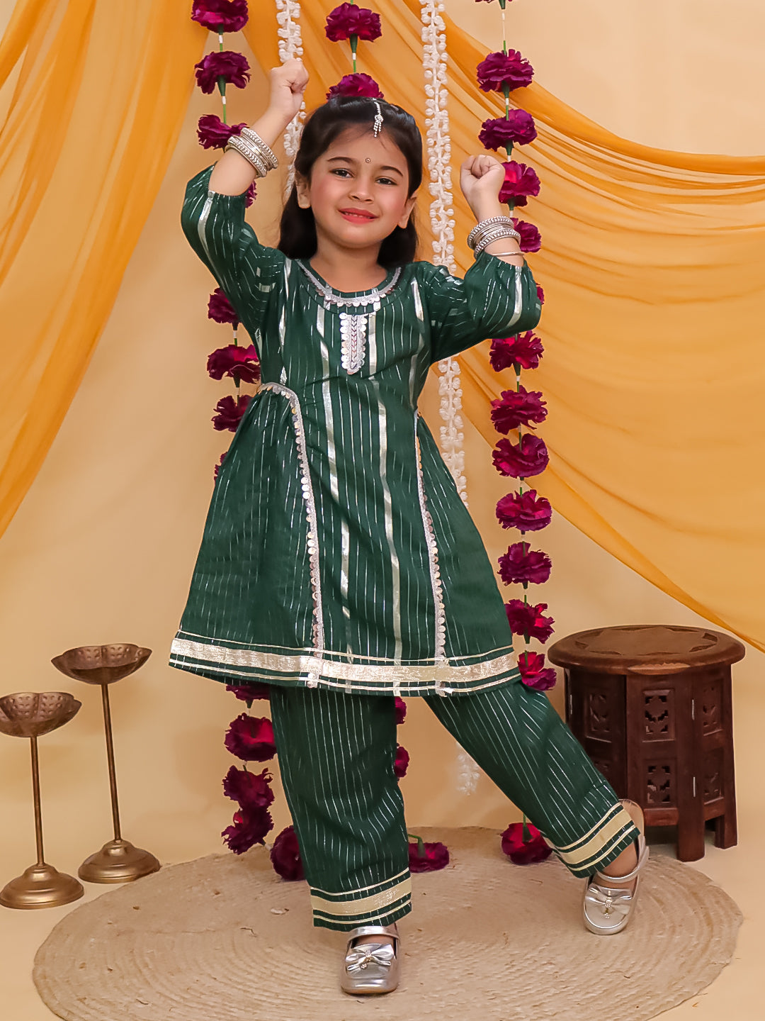 Dark Green Cotton Sleeveless Lurex and Gotta Work Girls Suit Set