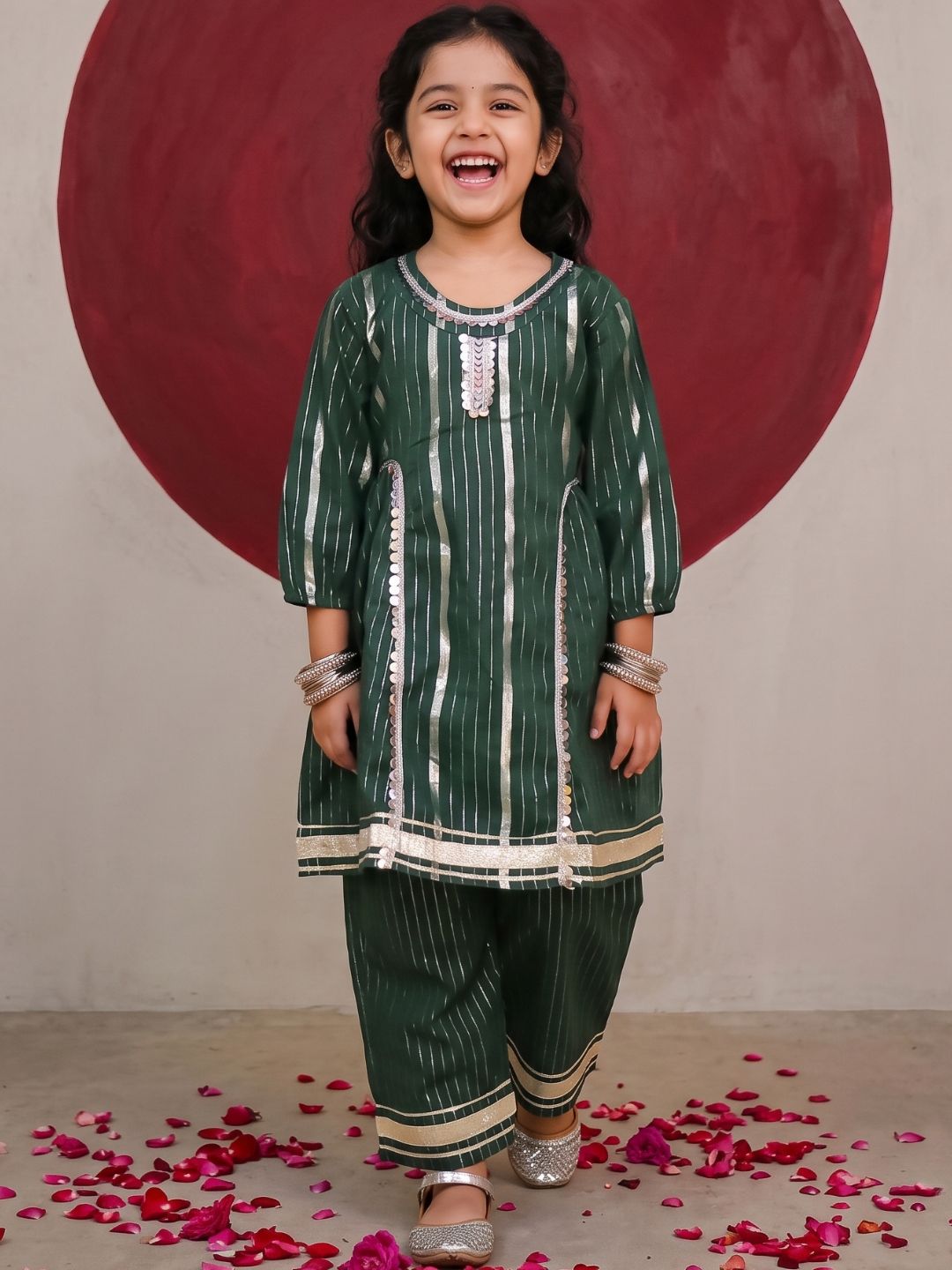 Dark Green Cotton 3/4th Sleeves  Lurex and Gotta Work Girls Suit Set