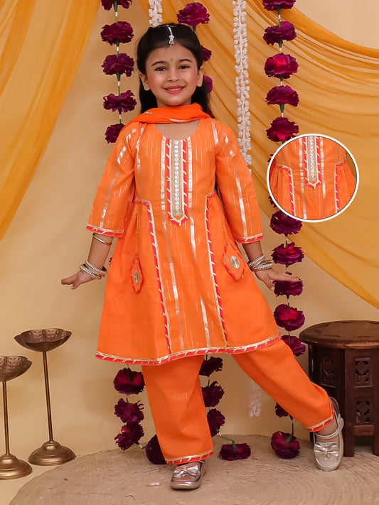 Girls Orange Cotton Sleeveless Lurex and Gotta Work Girls Suit Set