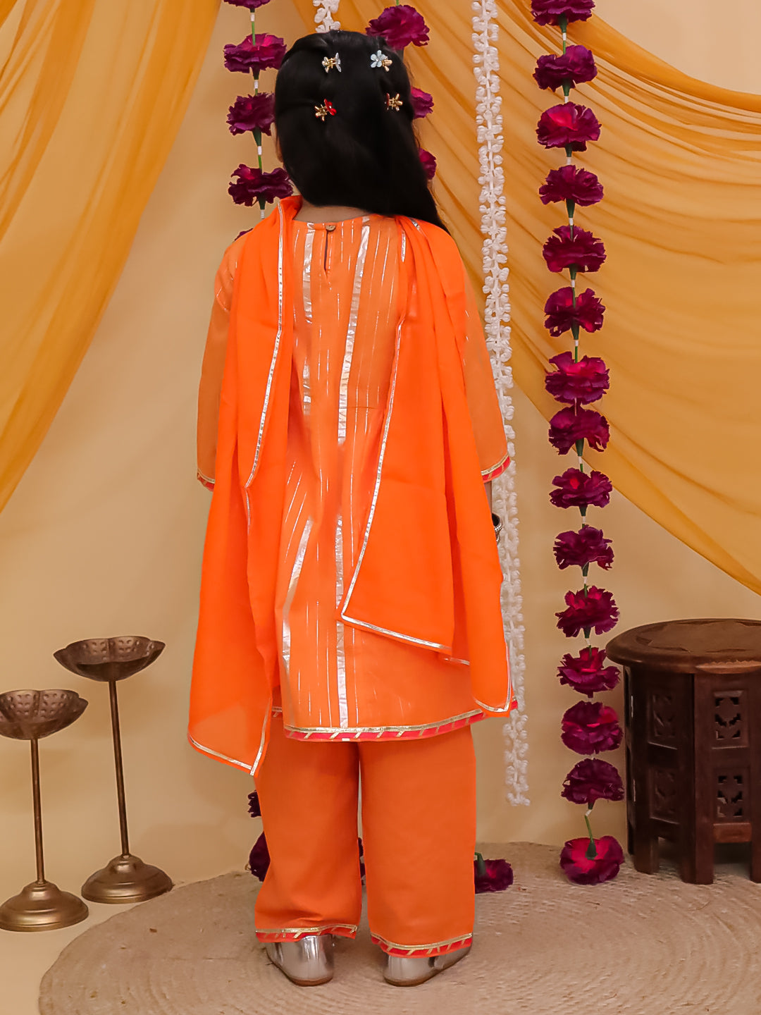 Girls Orange Cotton Sleeveless Lurex and Gotta Work Girls Suit Set
