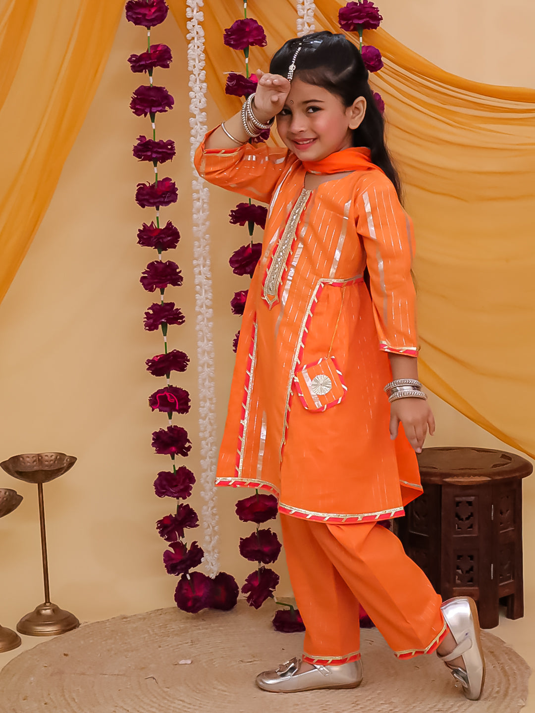 Girls Orange Cotton Sleeveless Lurex and Gotta Work Girls Suit Set