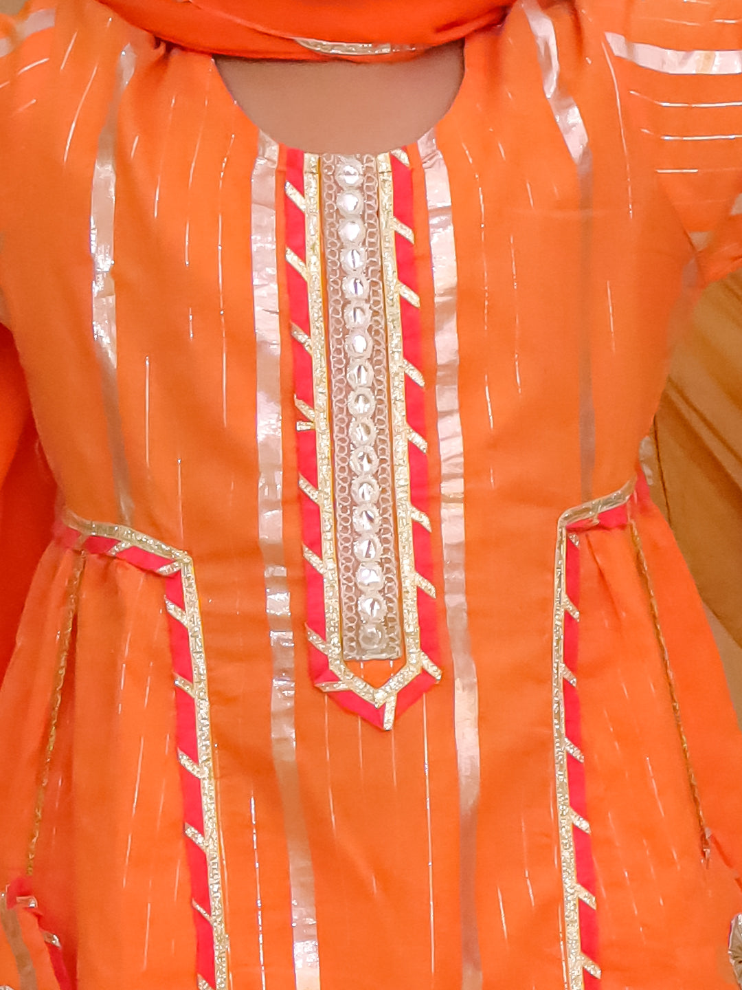 Girls Orange Cotton Sleeveless Lurex and Gotta Work Girls Suit Set