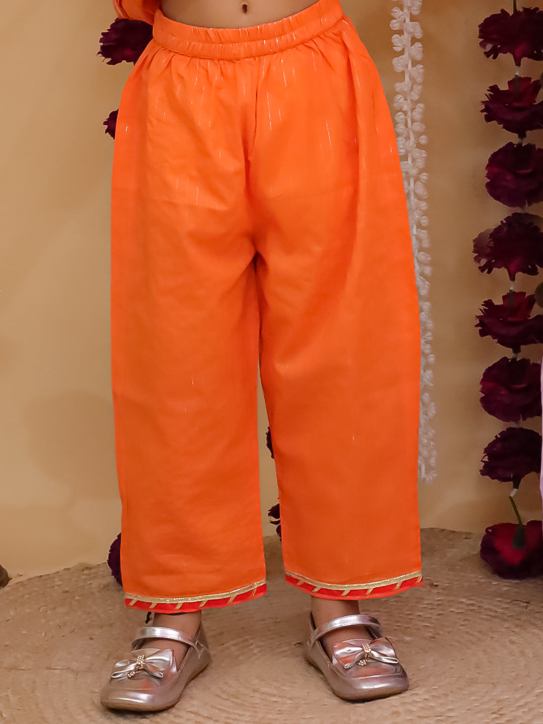 Girls Orange Cotton Sleeveless Lurex and Gotta Work Girls Suit Set