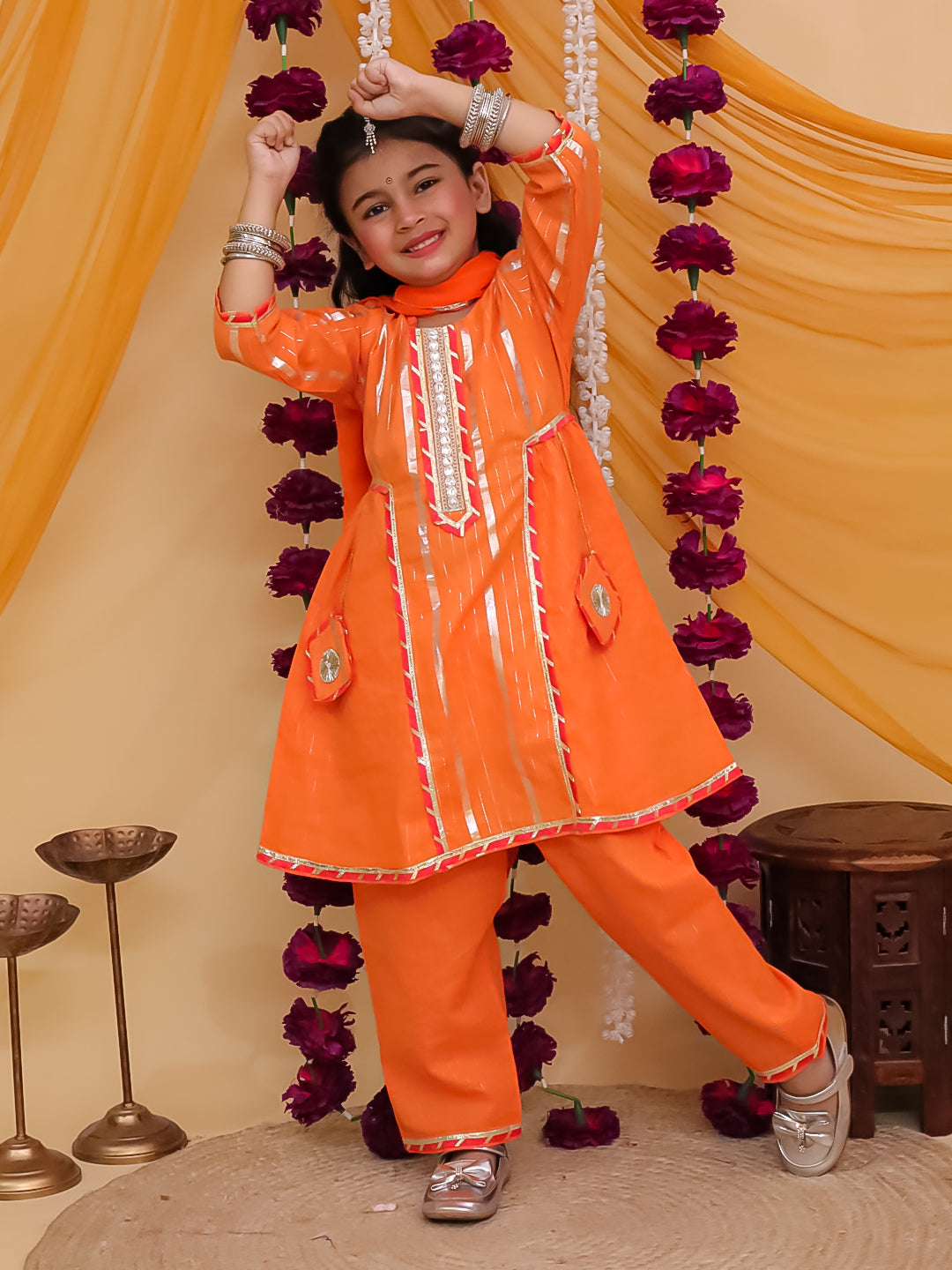 Girls Orange Cotton Sleeveless Lurex and Gotta Work Girls Suit Set