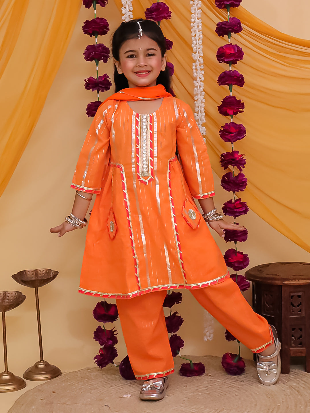 Girls Orange Cotton Sleeveless Lurex and Gotta Work Girls Suit Set