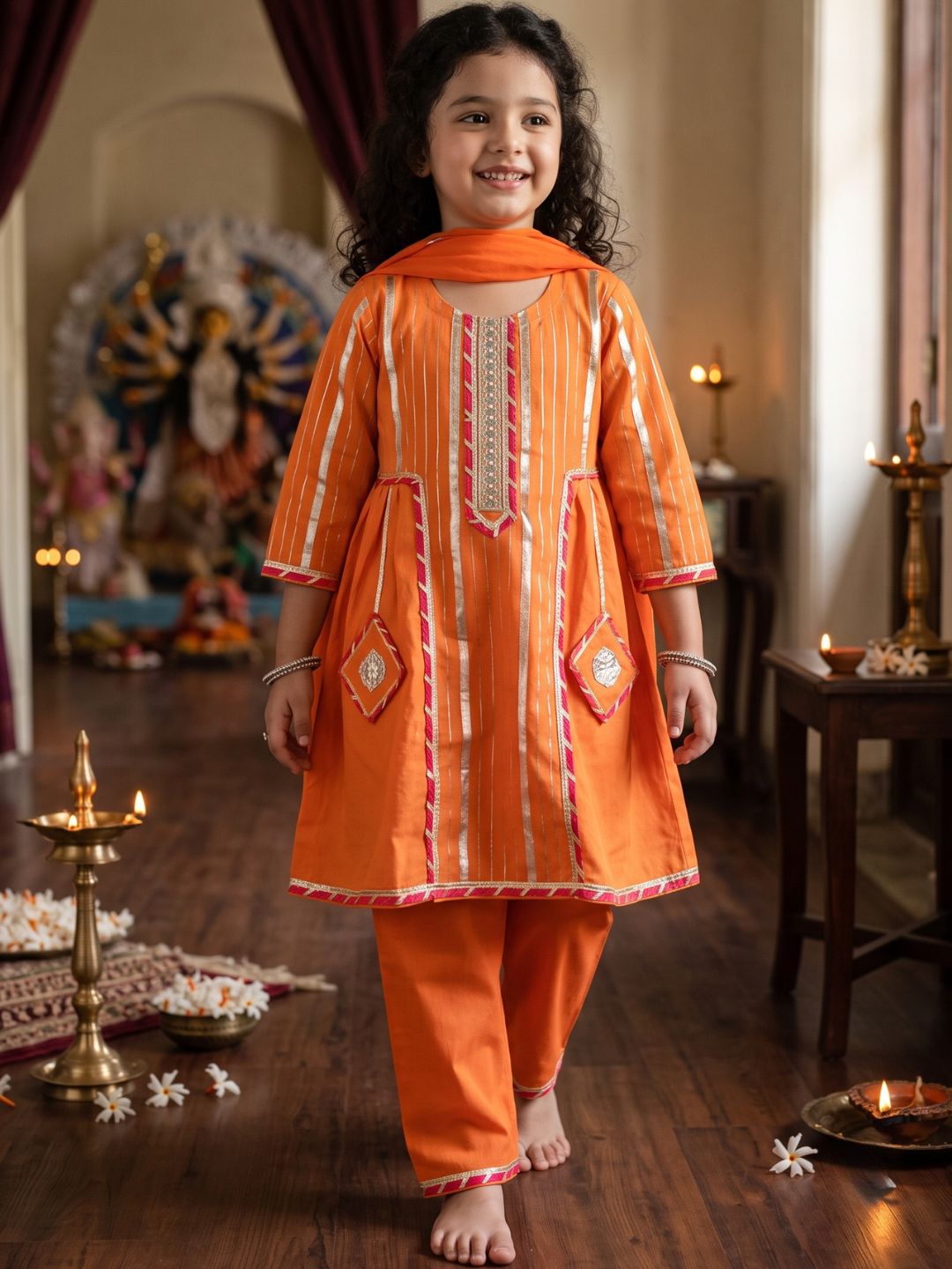 Girls Orange Cotton 3/4th Sleeves Lurex and Gotta Work Girls Suit Set