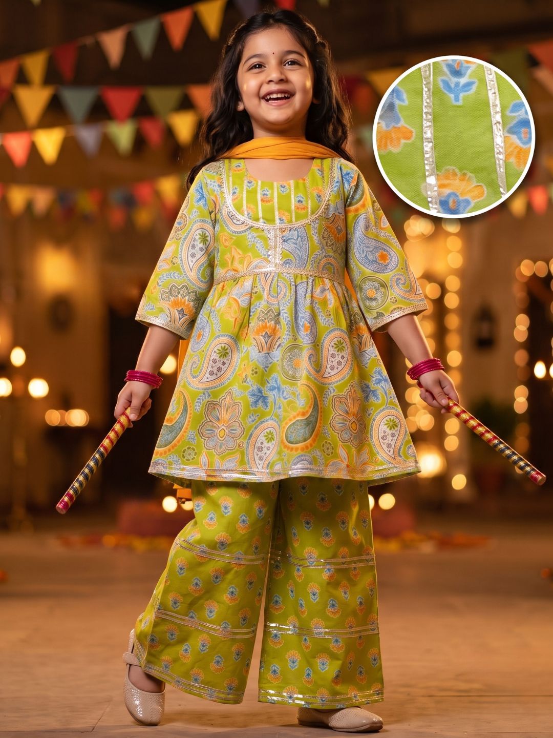 Girls Green Cotton Three-Fourth Sleeves Floral Printed Girls Suit Set