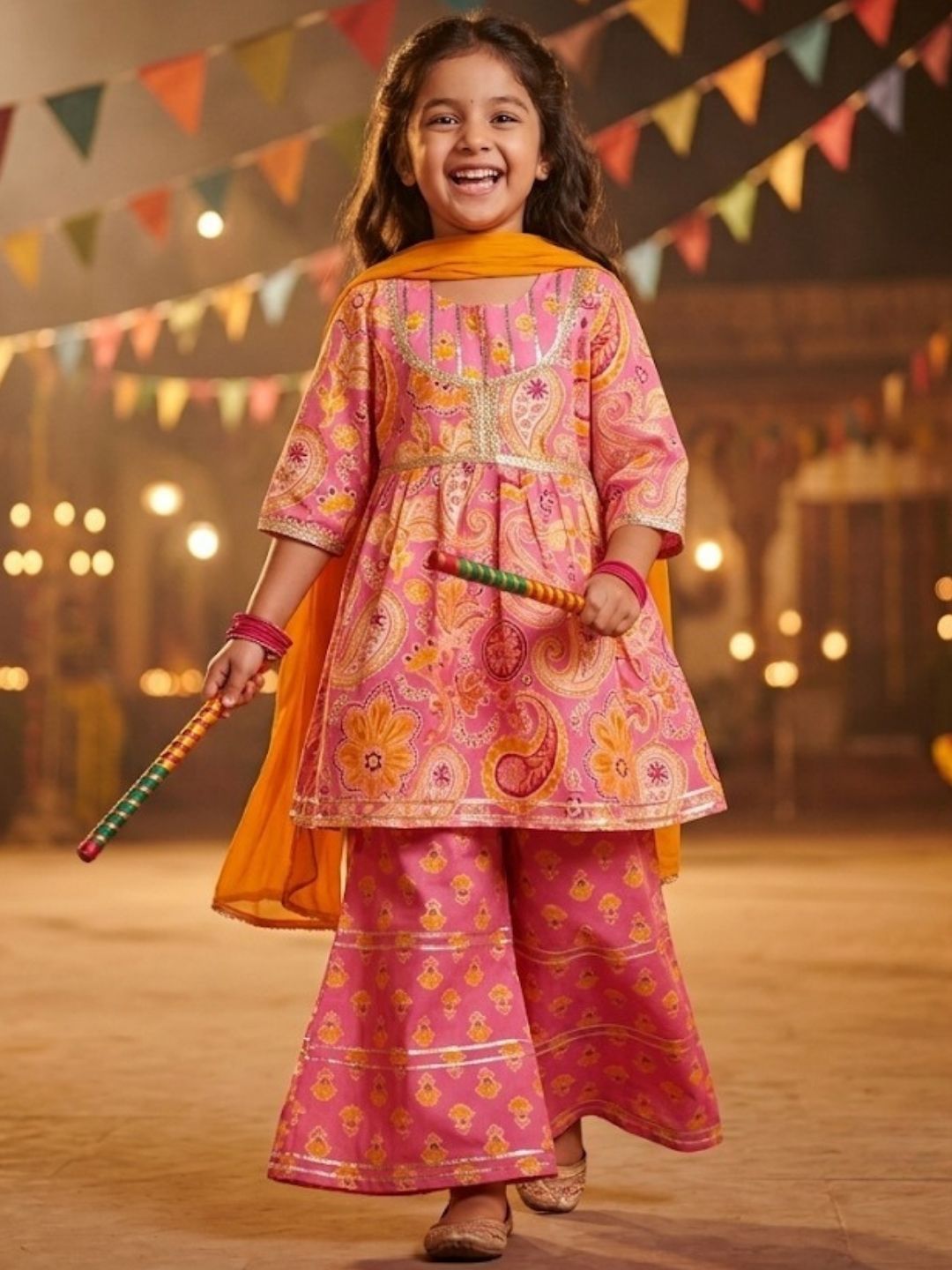 Girls Pink Cotton Three-Fourth Sleeves Floral Printed Girls Suit Set