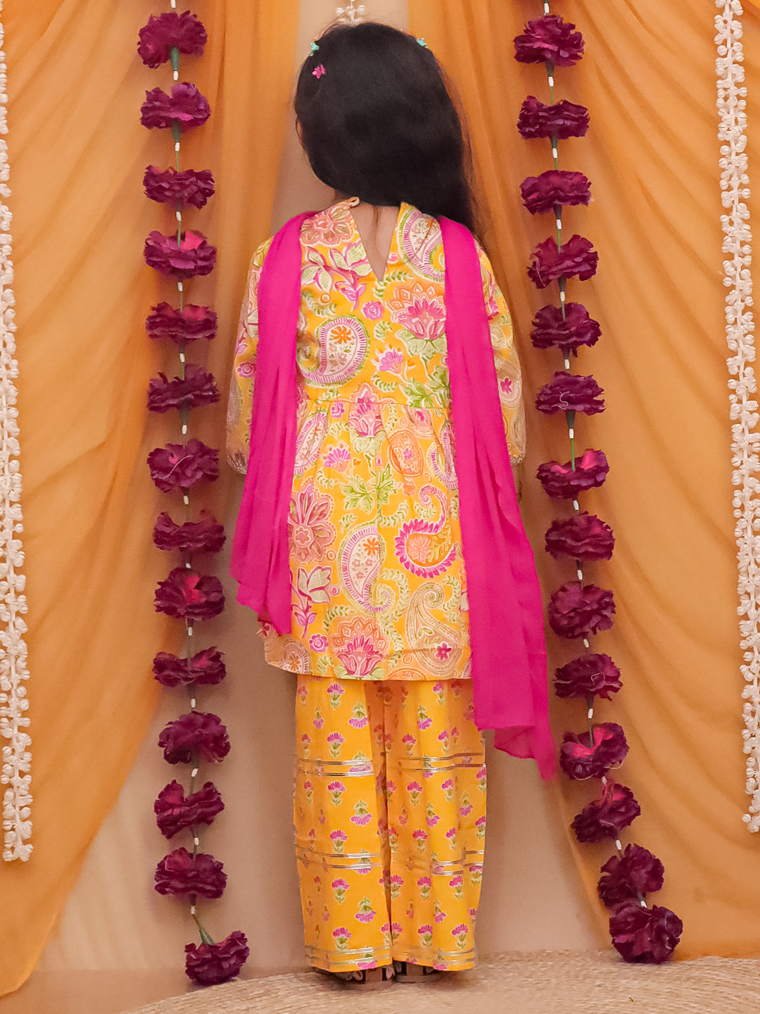 Girls Yellow Cotton Three-Fourth Sleeves Floral Printed Girls Suit Set