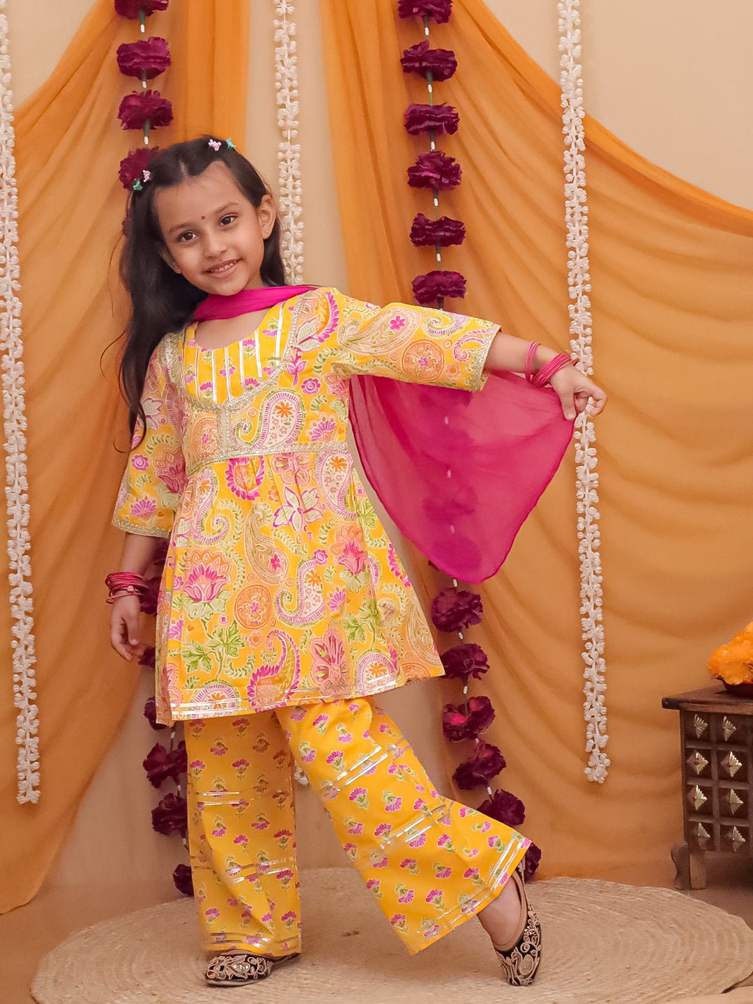 Girls Yellow Cotton Three-Fourth Sleeves Floral Printed Girls Suit Set