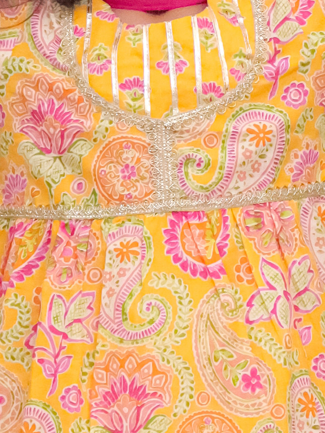 Girls Yellow Cotton Three-Fourth Sleeves Floral Printed Girls Suit Set