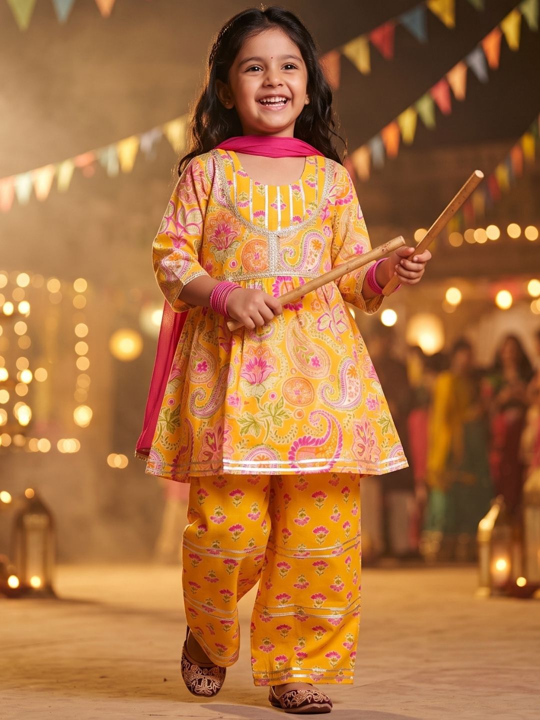 Girls Yellow Cotton Three-Fourth Sleeves Floral Printed Girls Suit Set
