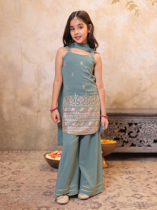Girls Green Georgette Sleeveless Heavy Embroidered Girls Palazzo Set