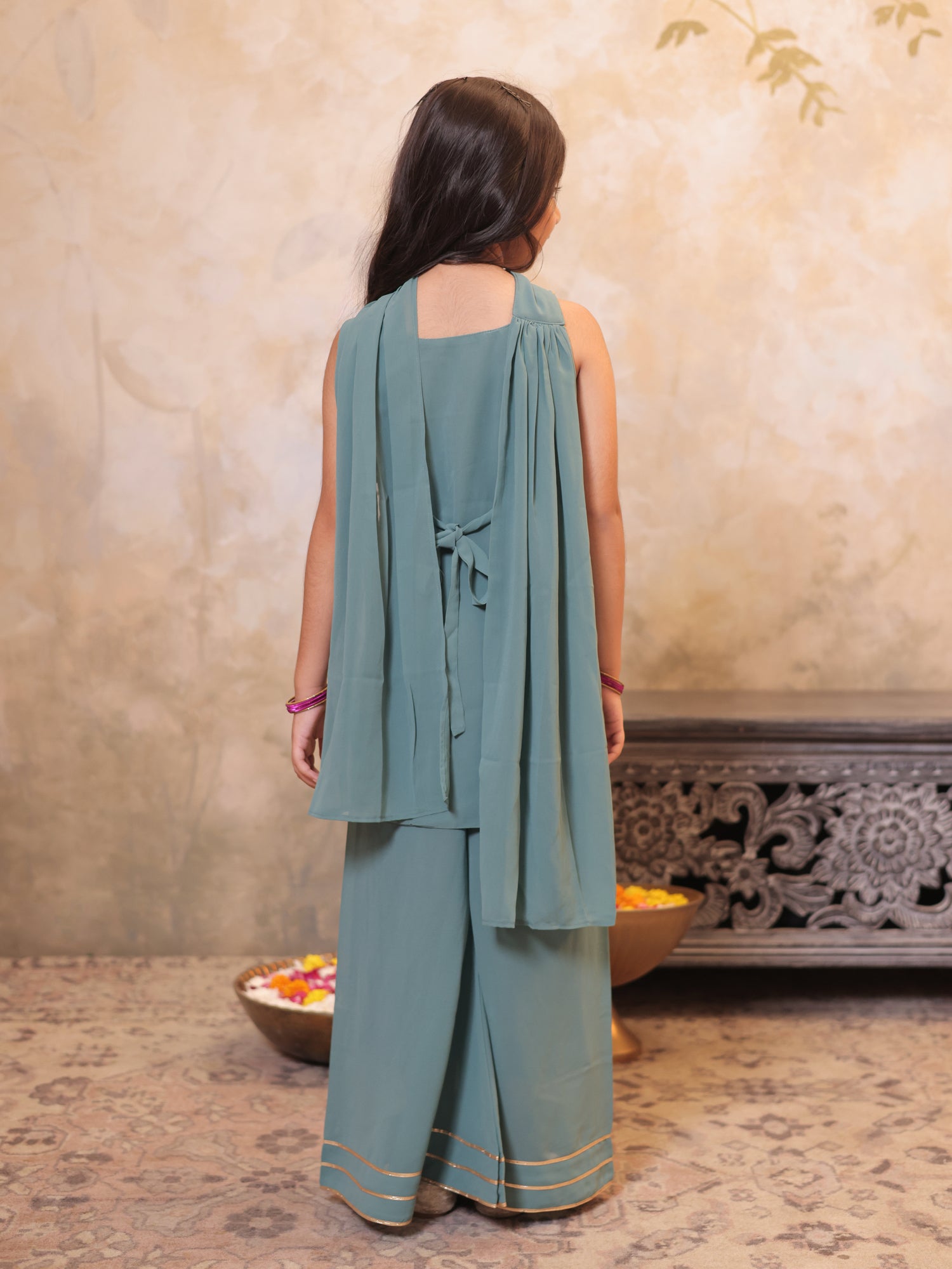 Girls Green Georgette Sleeveless Heavy Embroidered Girls Palazzo Set