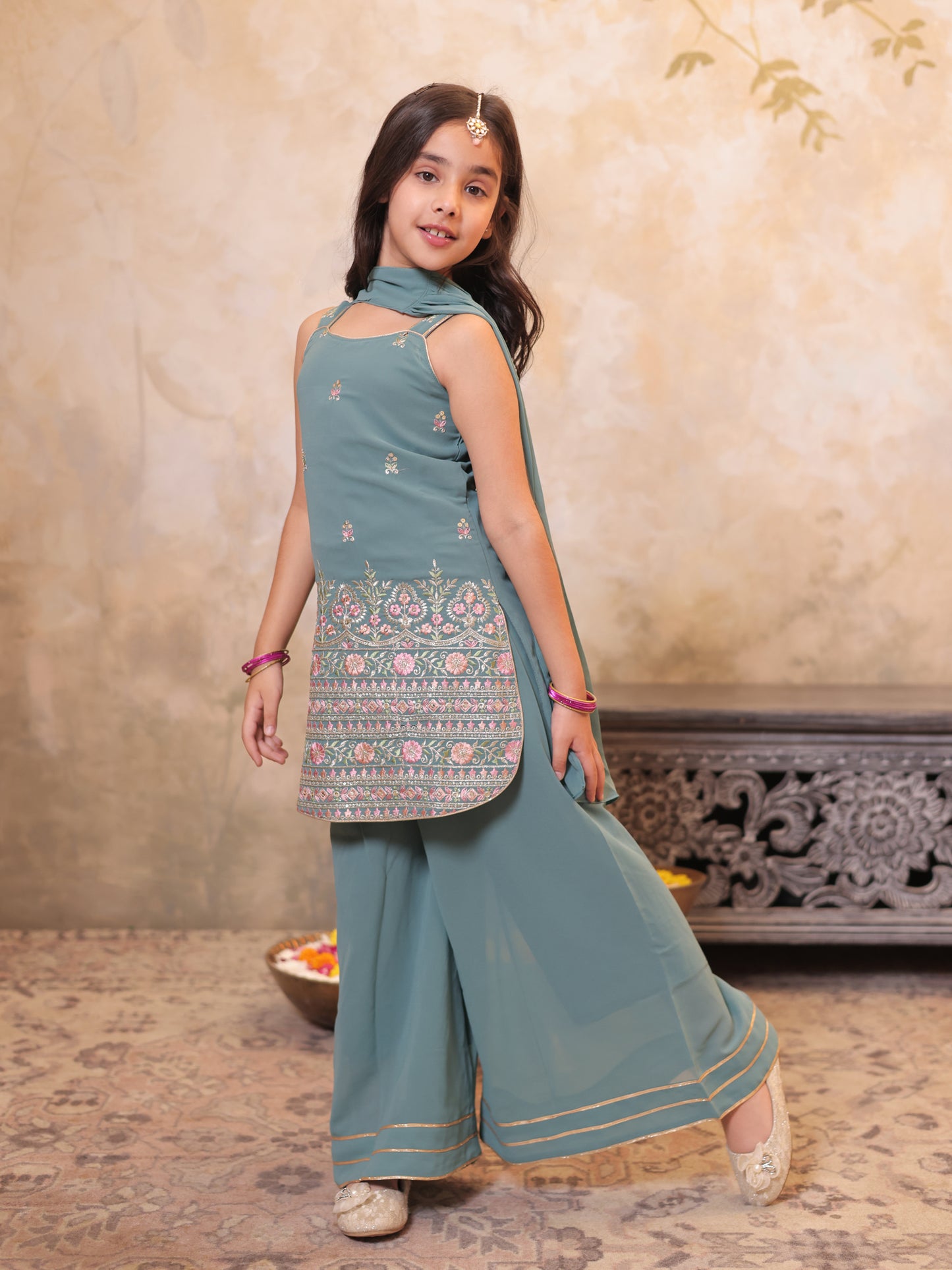 Girls Green Georgette Sleeveless Heavy Embroidered Girls Palazzo Set