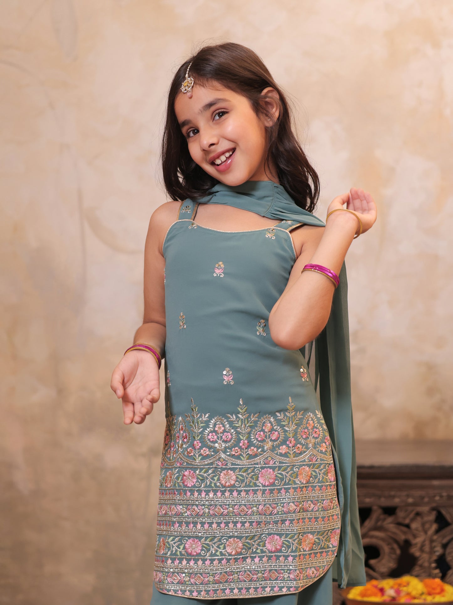 Girls Green Georgette Sleeveless Heavy Embroidered Girls Palazzo Set