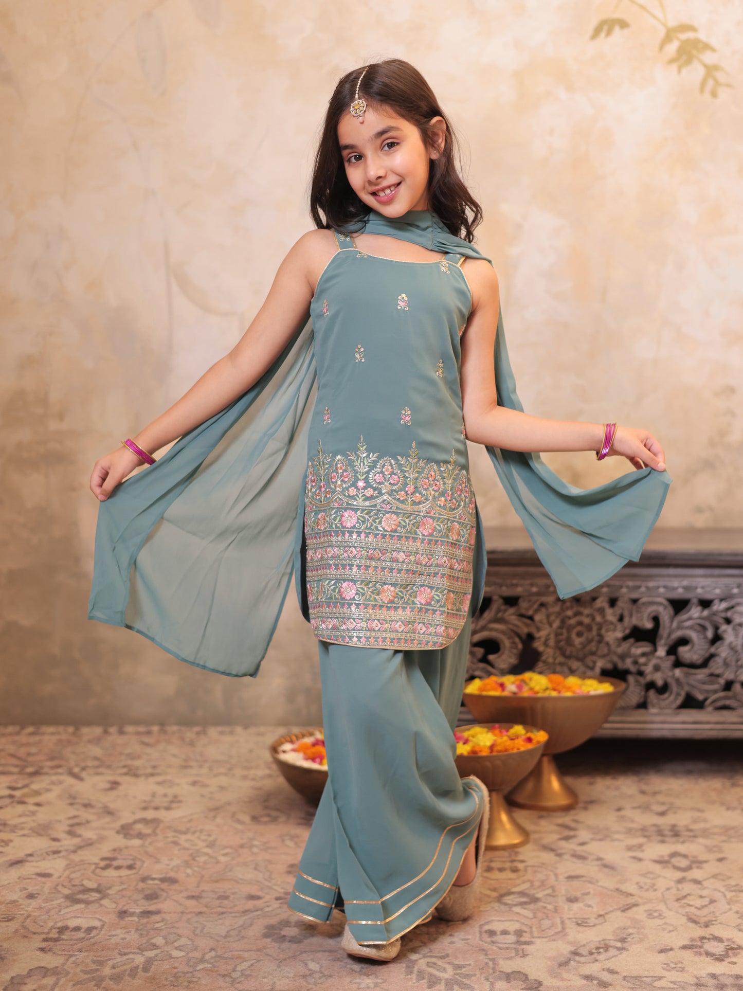 Girls Green Georgette Sleeveless Heavy Embroidered Girls Palazzo Set