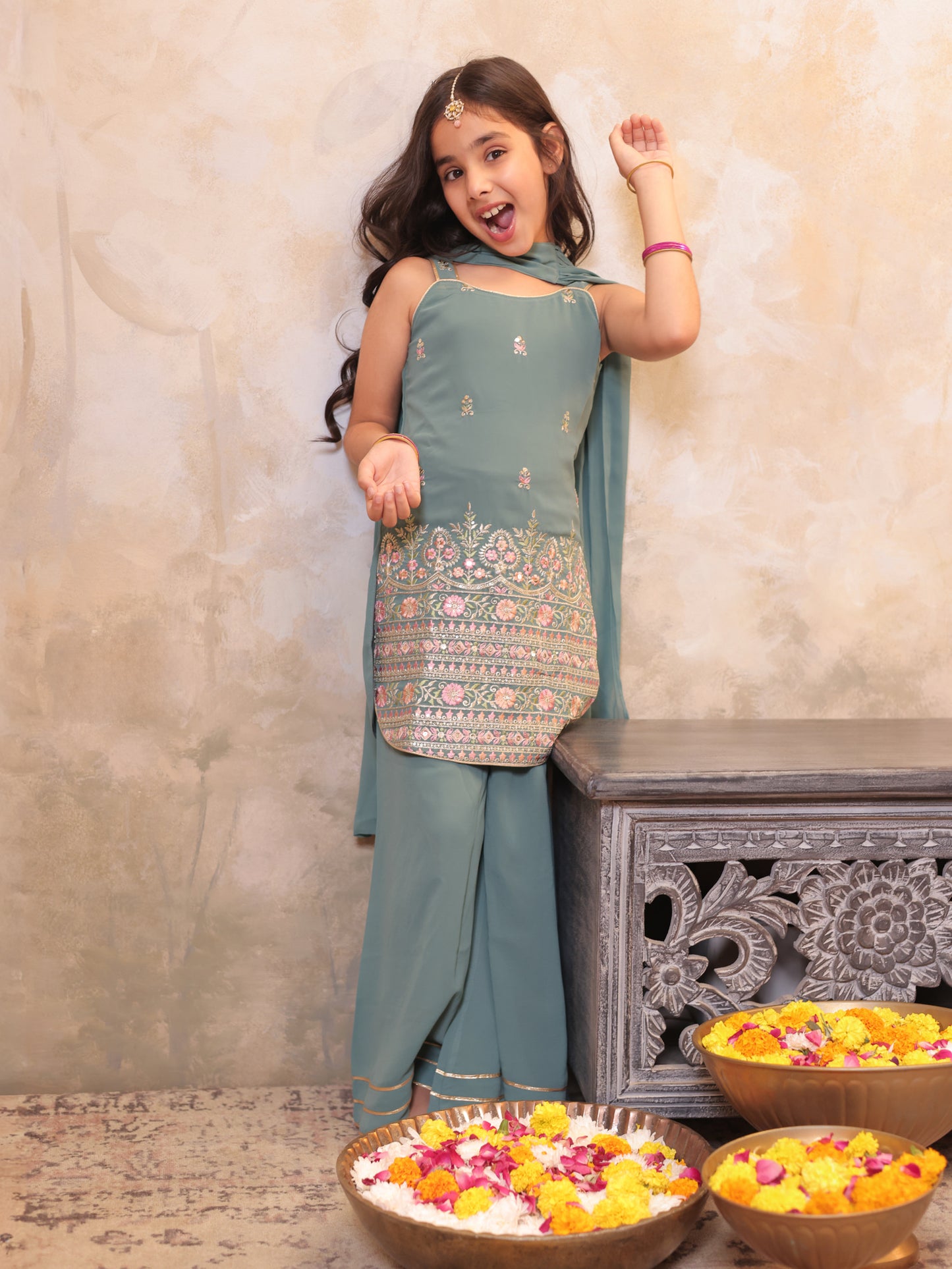 Girls Green Georgette Sleeveless Heavy Embroidered Girls Palazzo Set