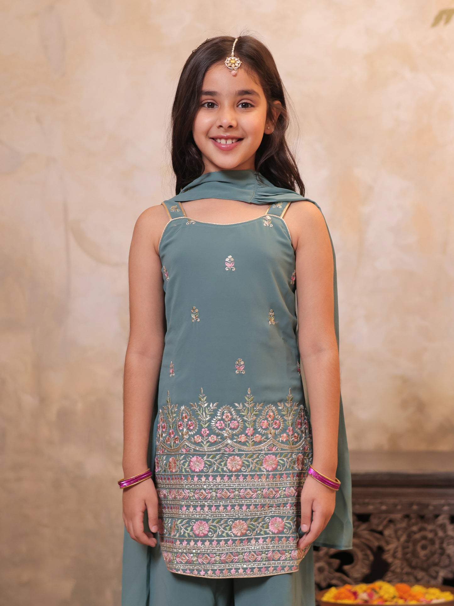 Girls Green Georgette Sleeveless Heavy Embroidered Girls Palazzo Set