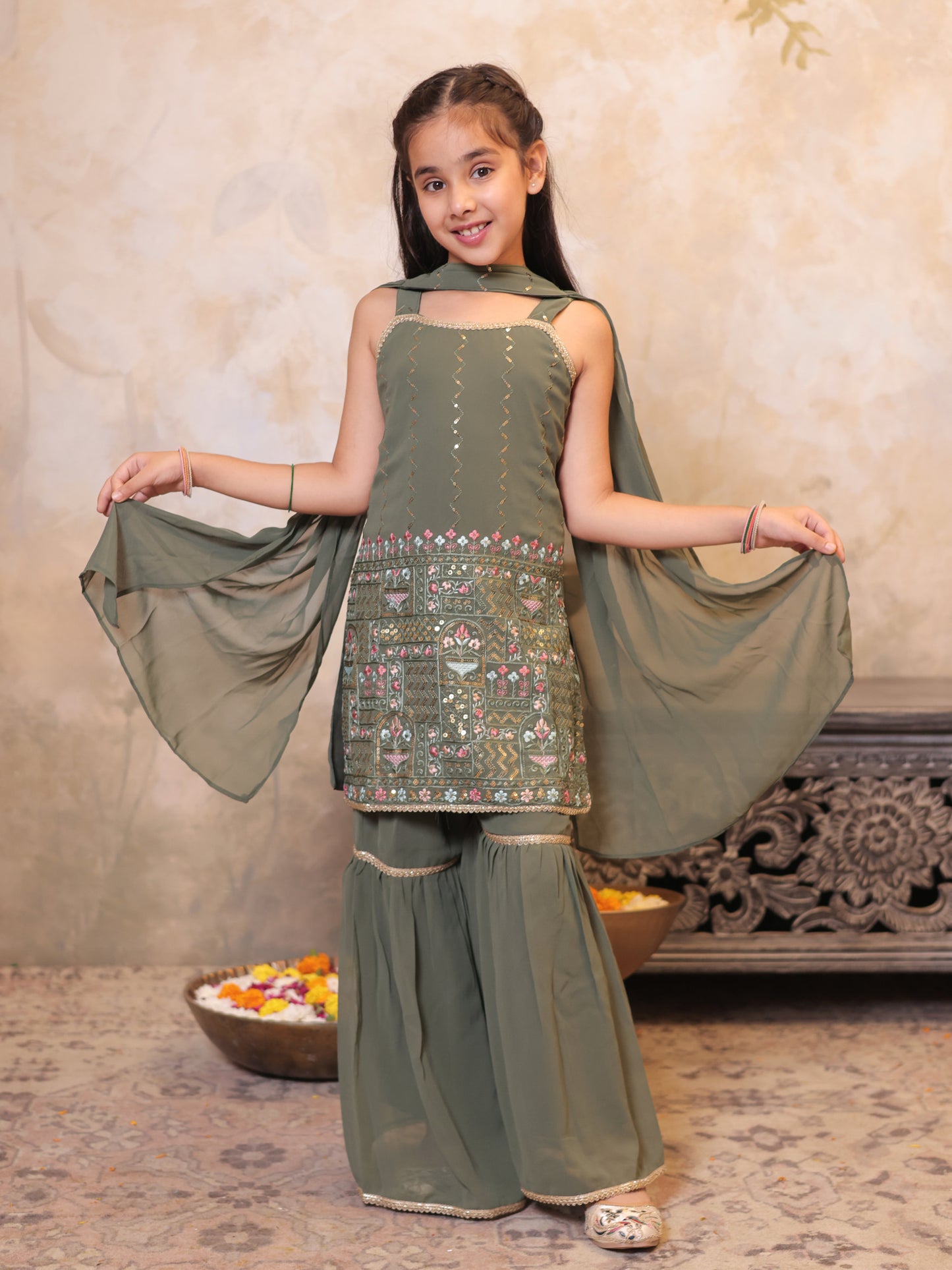 Girls Green Georgette Sleeveless Heavy Embroidered Girls Sharara Set