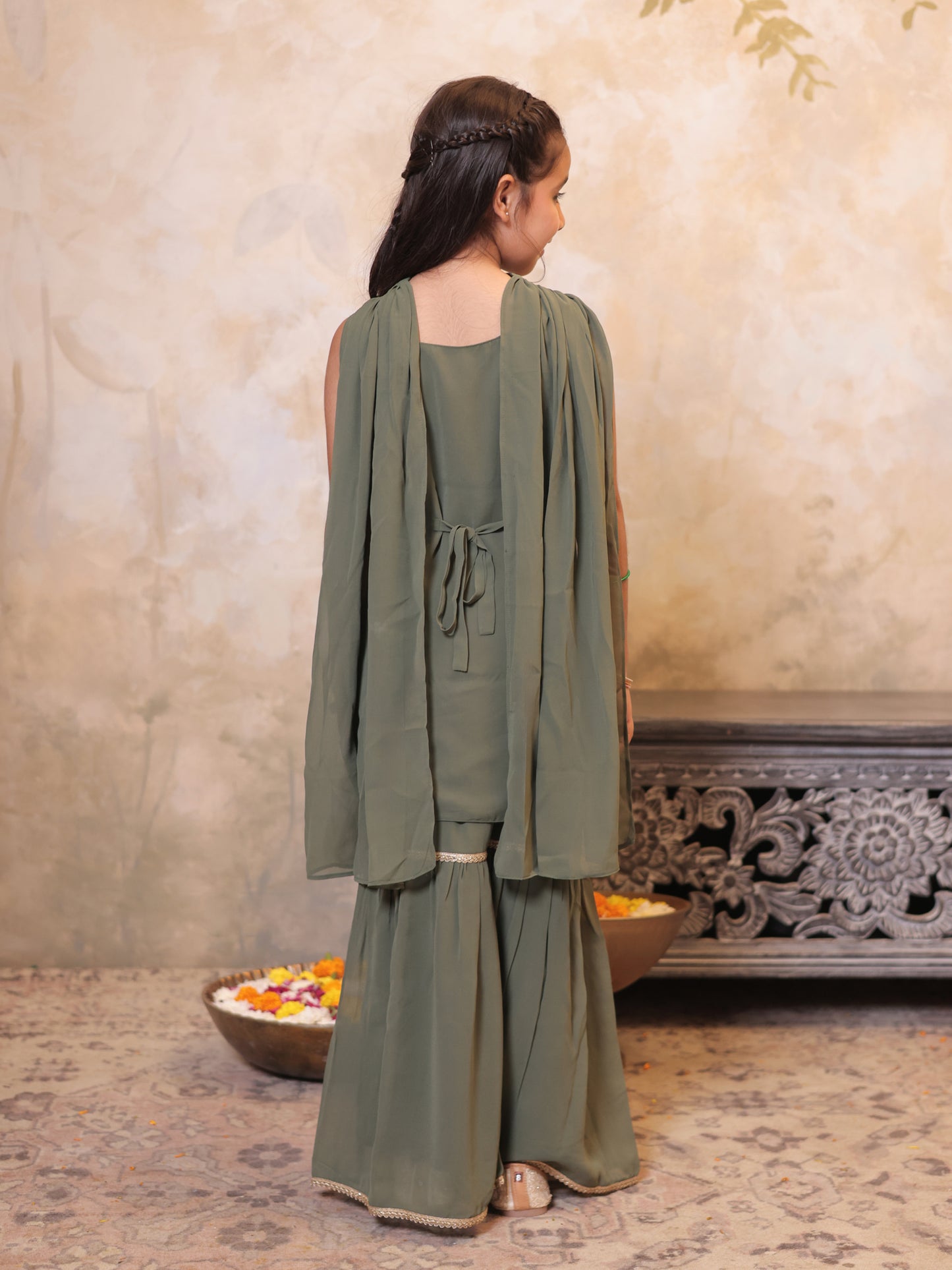 Girls Green Georgette Sleeveless Heavy Embroidered Girls Sharara Set