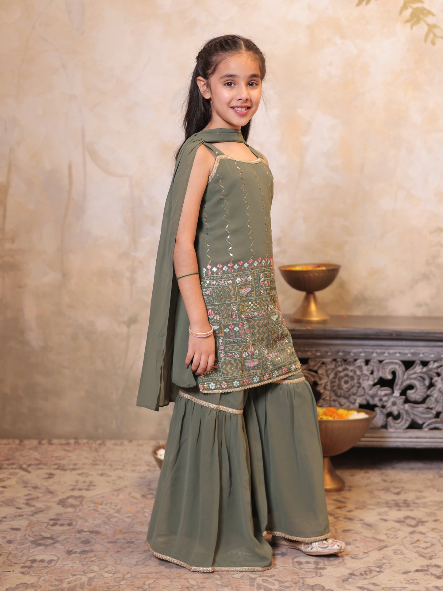 Girls Green Georgette Sleeveless Heavy Embroidered Girls Sharara Set