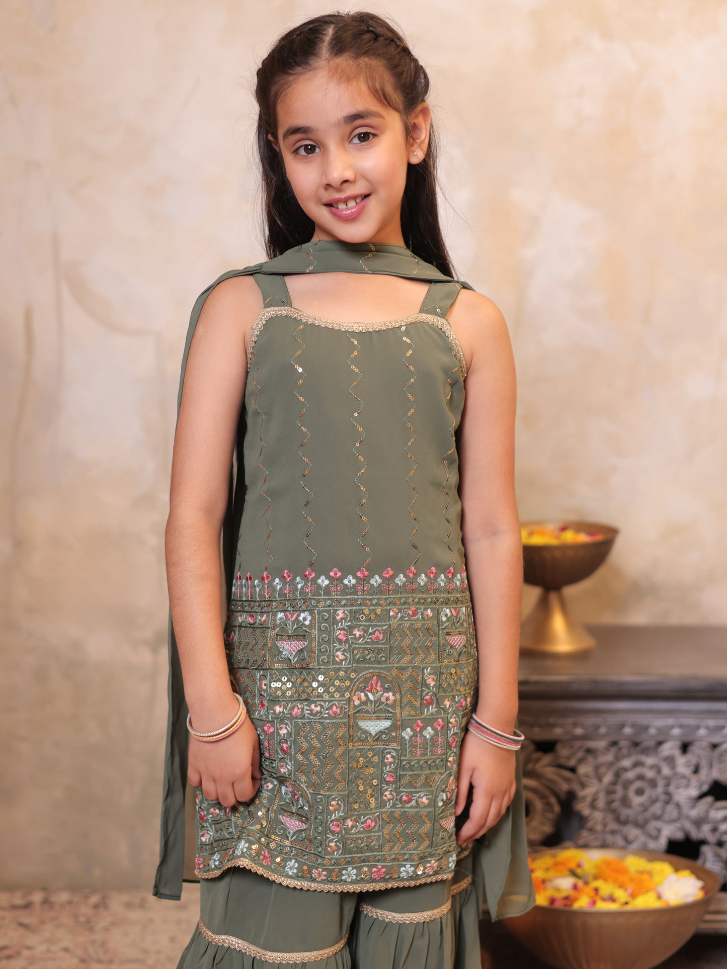 Girls Green Georgette Sleeveless Heavy Embroidered Girls Sharara Set