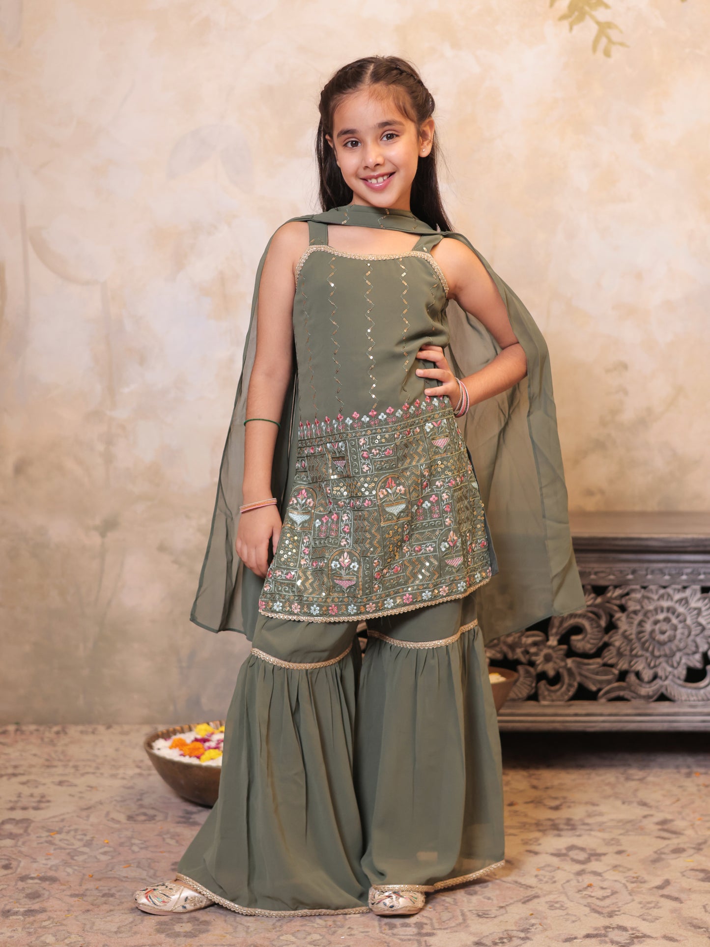 Girls Green Georgette Sleeveless Heavy Embroidered Girls Sharara Set