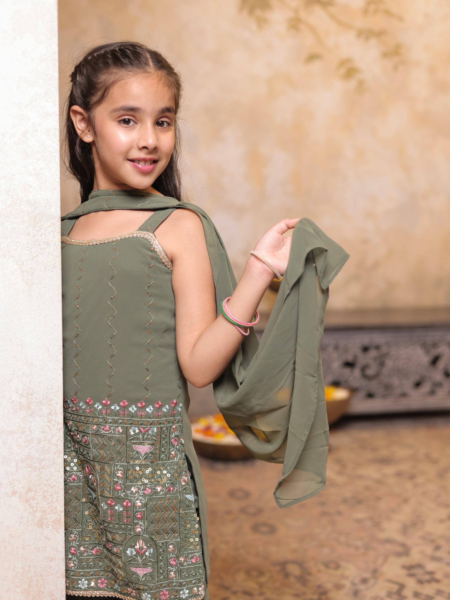 Girls Green Georgette Sleeveless Heavy Embroidered Girls Sharara Set