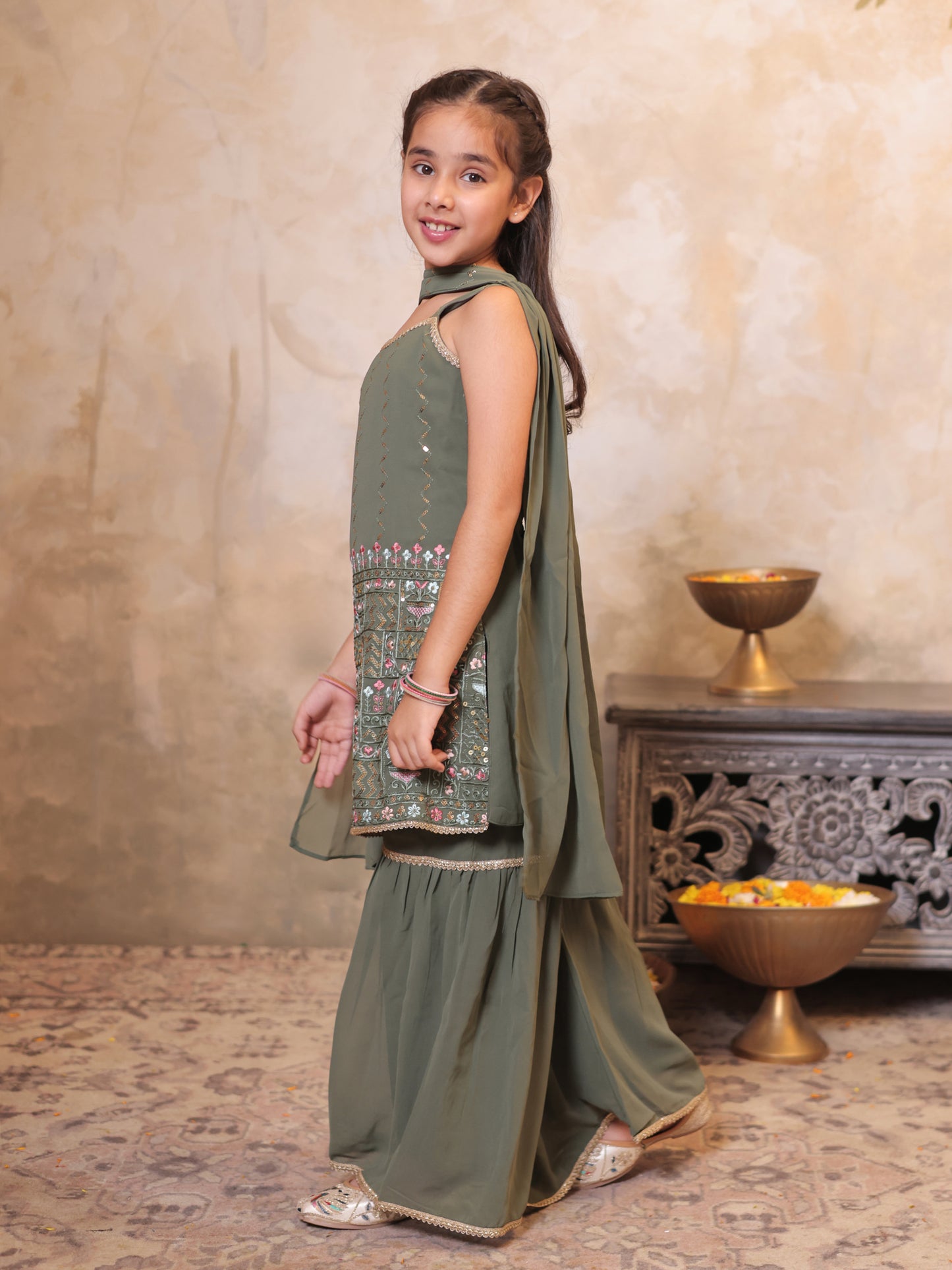 Girls Green Georgette Sleeveless Heavy Embroidered Girls Sharara Set