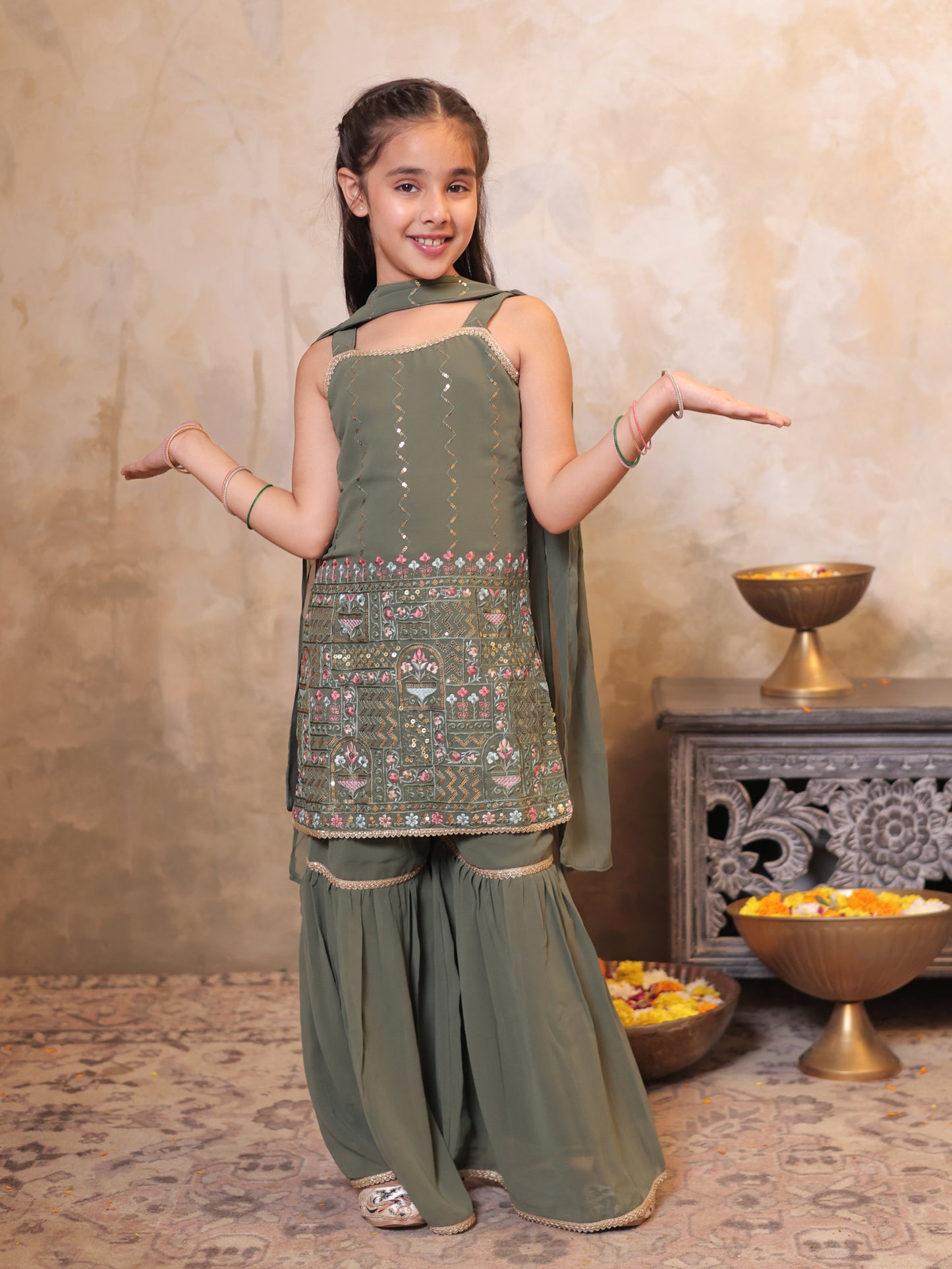 Girls Green Georgette Sleeveless Heavy Embroidered Girls Sharara Set