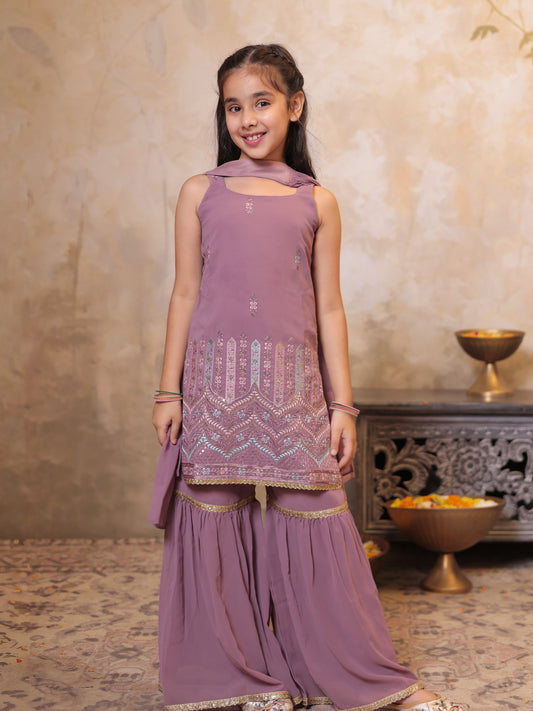 Girls Pink Georgette Sleeveless Heavy Embroidered Girls Sharara Set