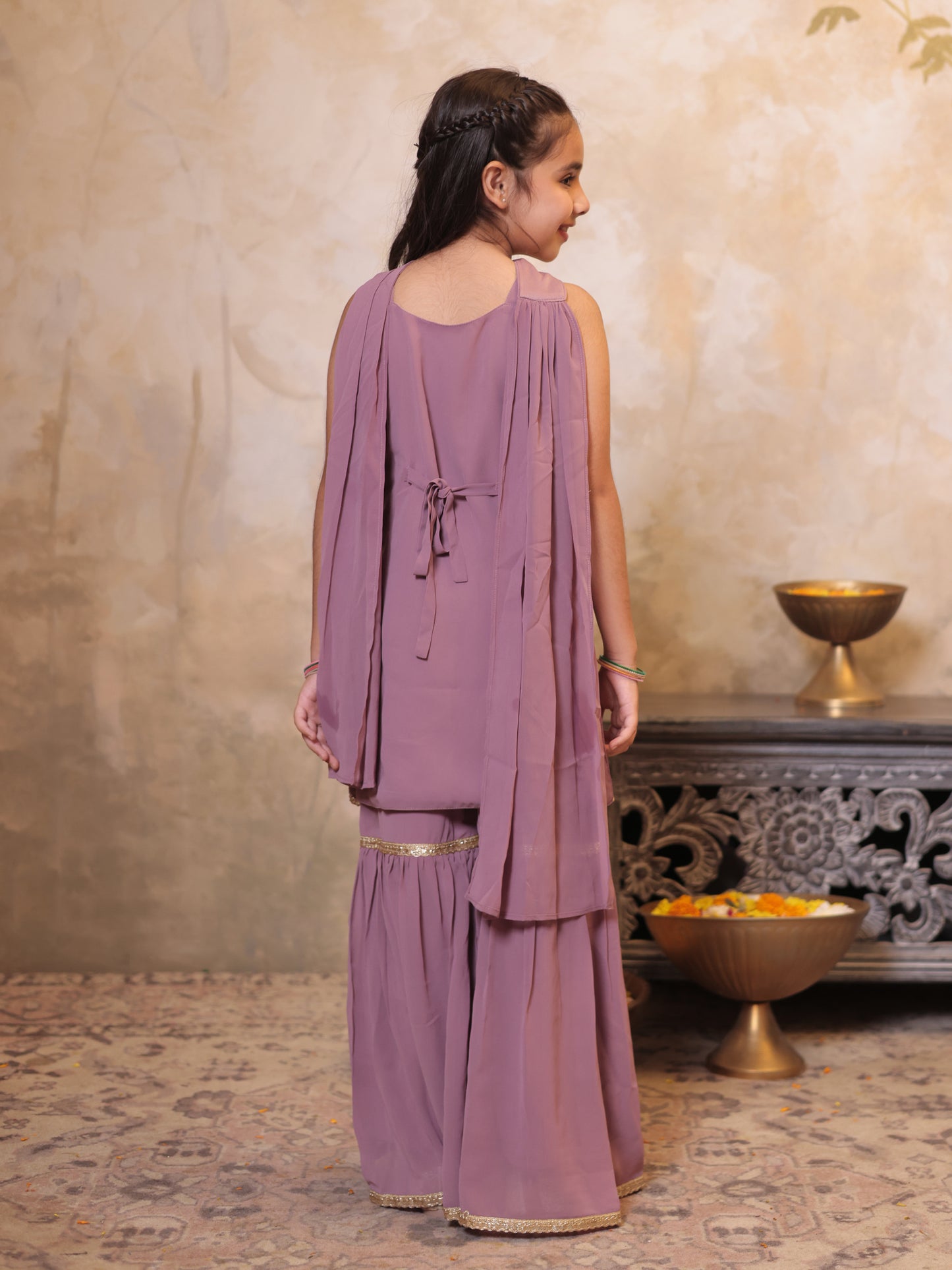 Girls Pink Georgette Sleeveless Heavy Embroidered Girls Sharara Set