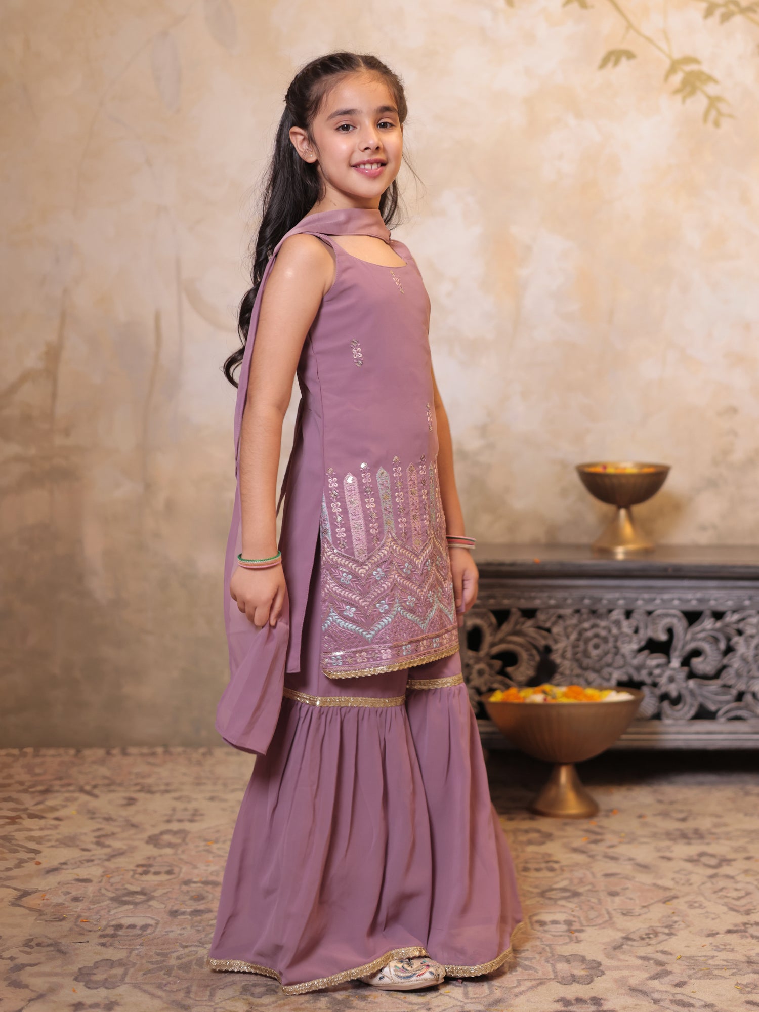 Girls Pink Georgette Sleeveless Heavy Embroidered Girls Sharara Set