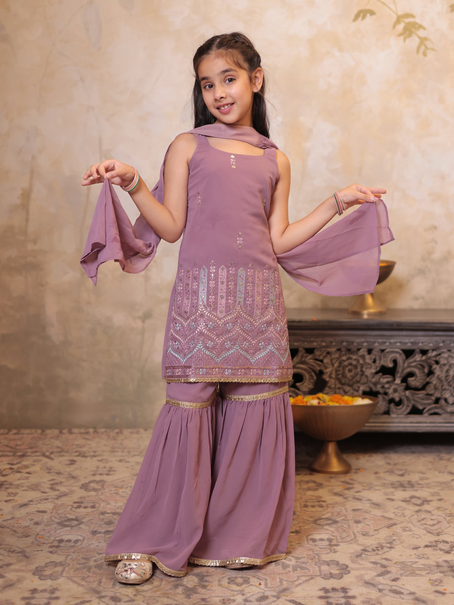 Girls Pink Georgette Sleeveless Heavy Embroidered Girls Sharara Set