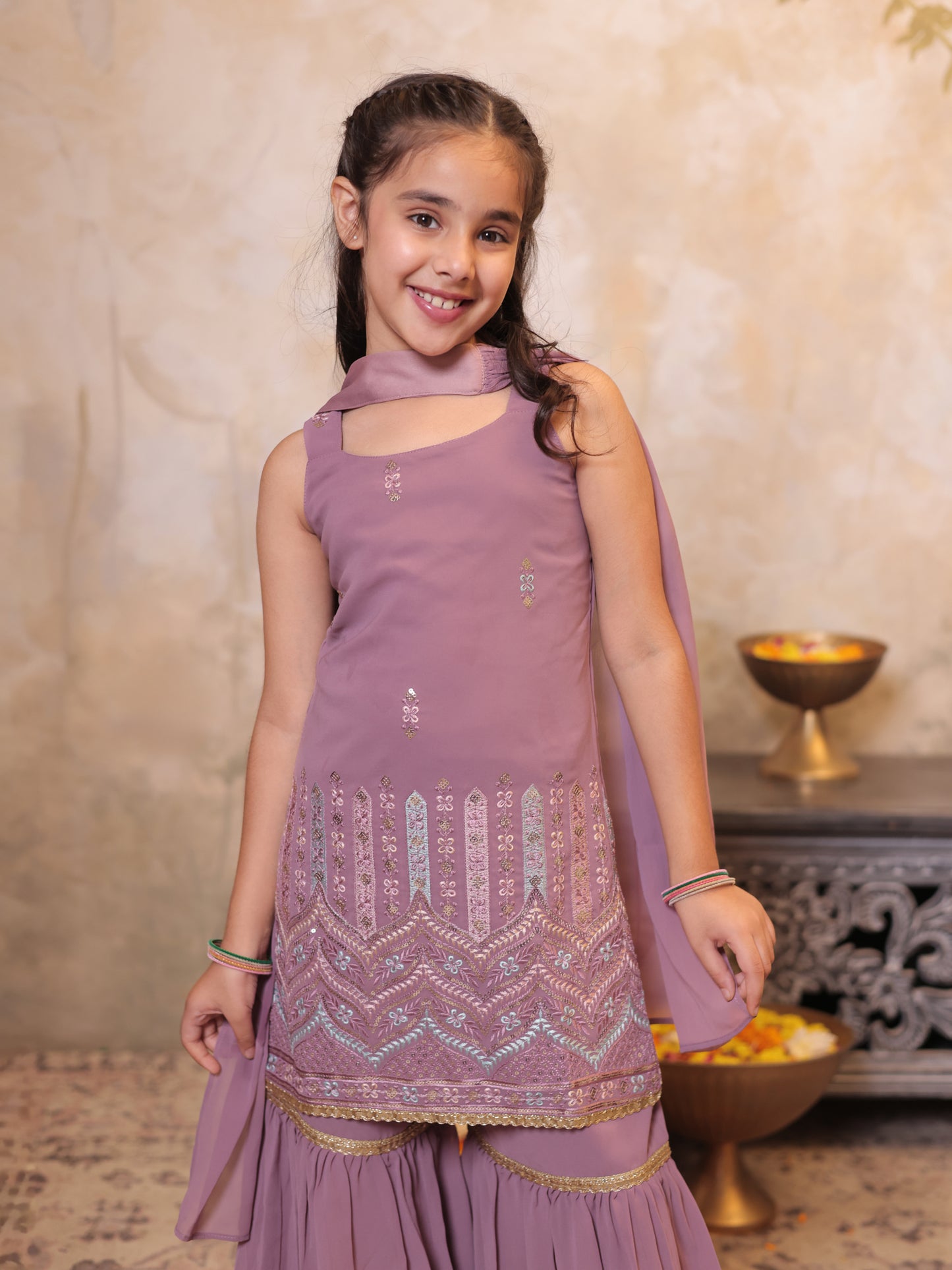 Girls Pink Georgette Sleeveless Heavy Embroidered Girls Sharara Set