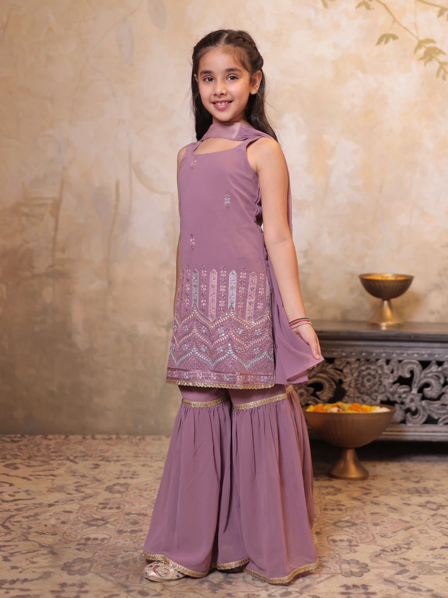 Girls Pink Georgette Sleeveless Heavy Embroidered Girls Sharara Set