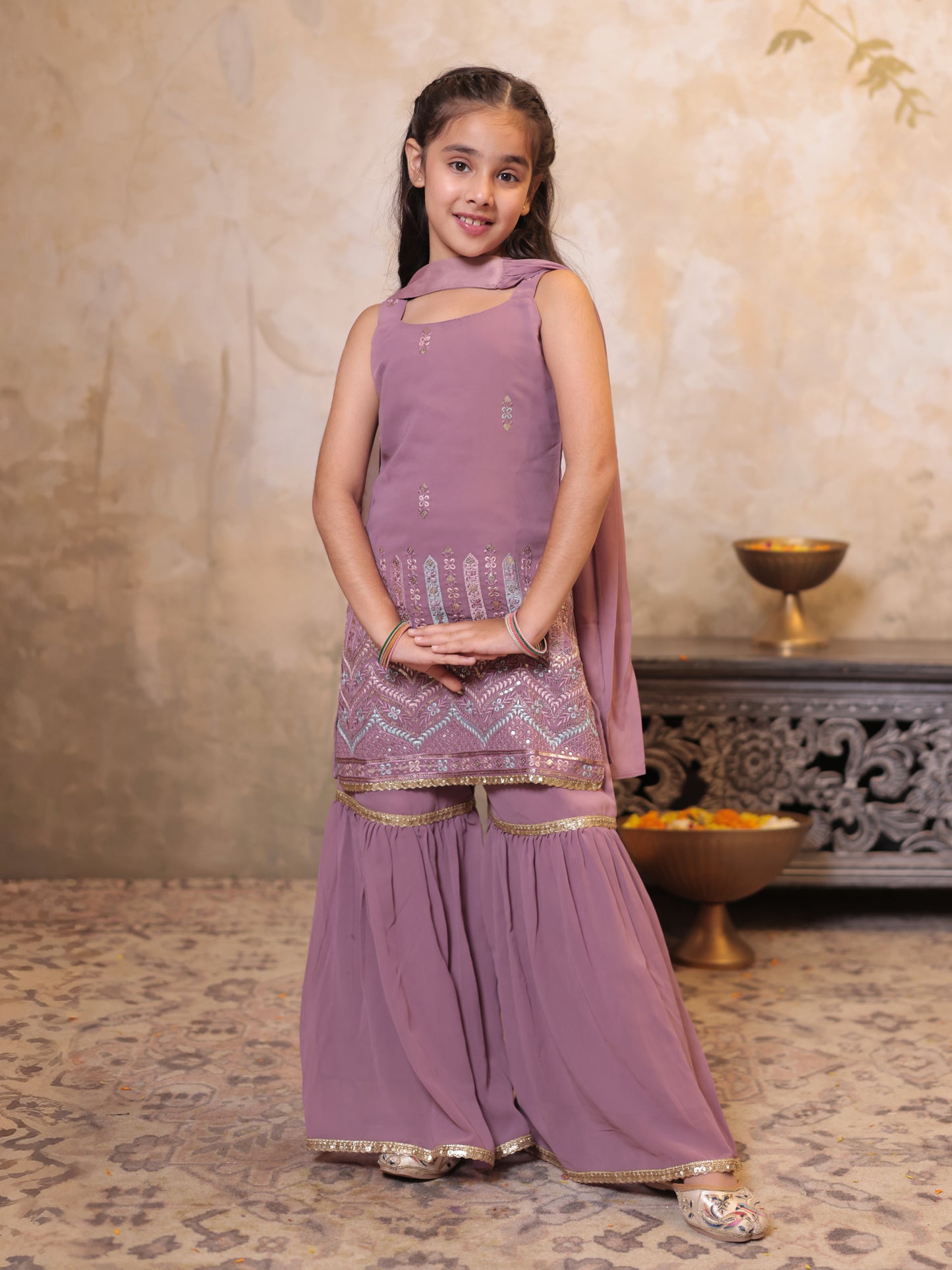 Girls Pink Georgette Sleeveless Heavy Embroidered Girls Sharara Set