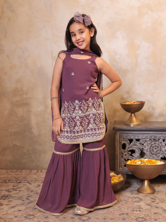 Girls Wine Georgette Sleeveless Heavy Embroidered Girls Sharara Set
