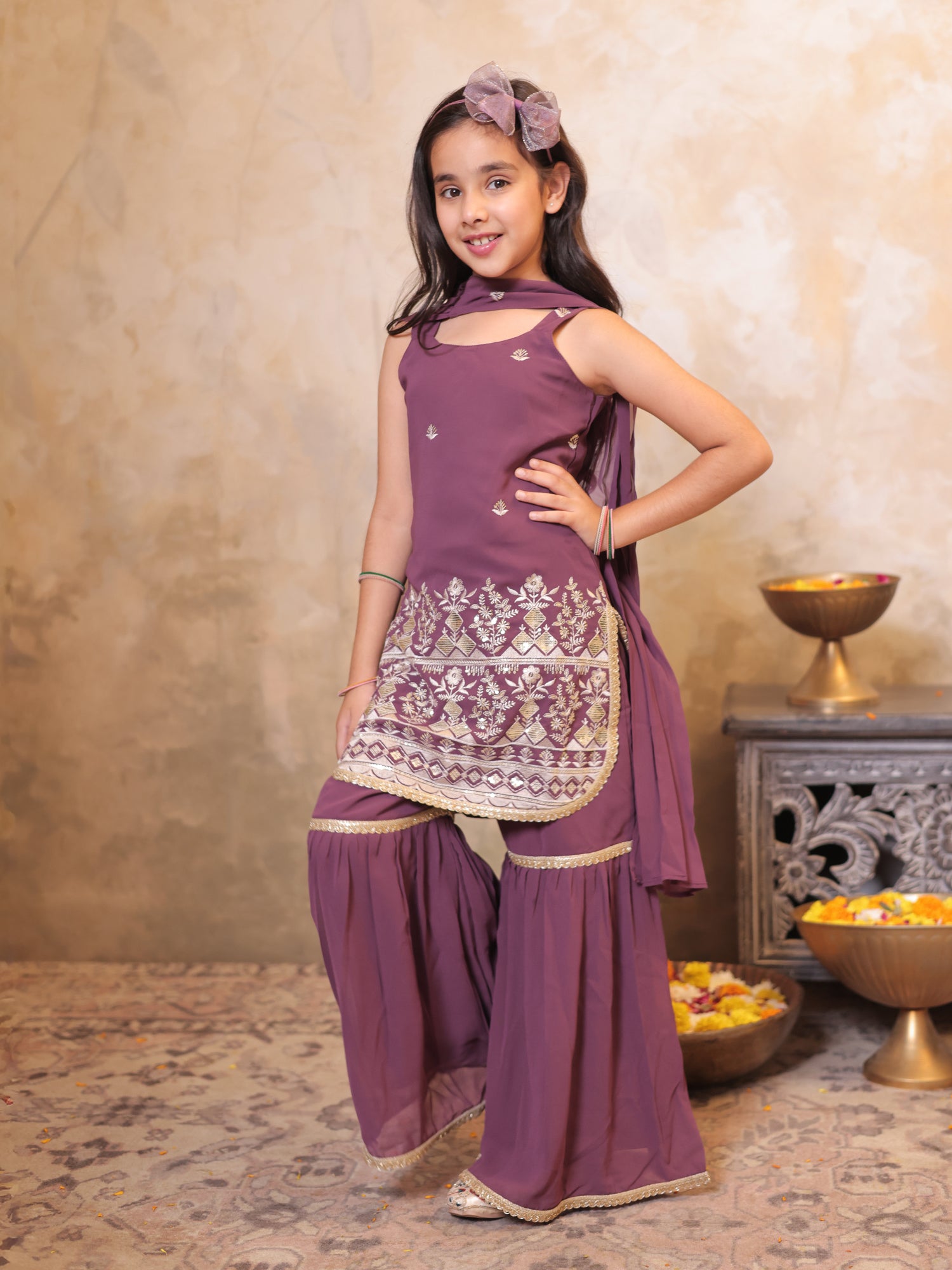 Girls Wine Georgette Sleeveless Heavy Embroidered Girls Sharara Set