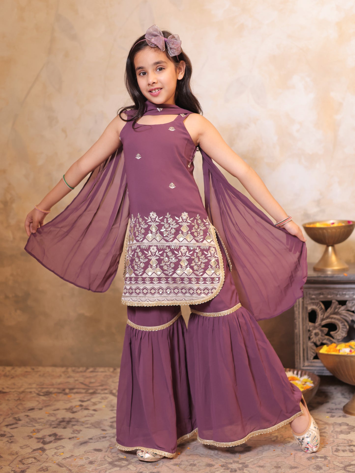 Girls Wine Georgette Sleeveless Heavy Embroidered Girls Sharara Set