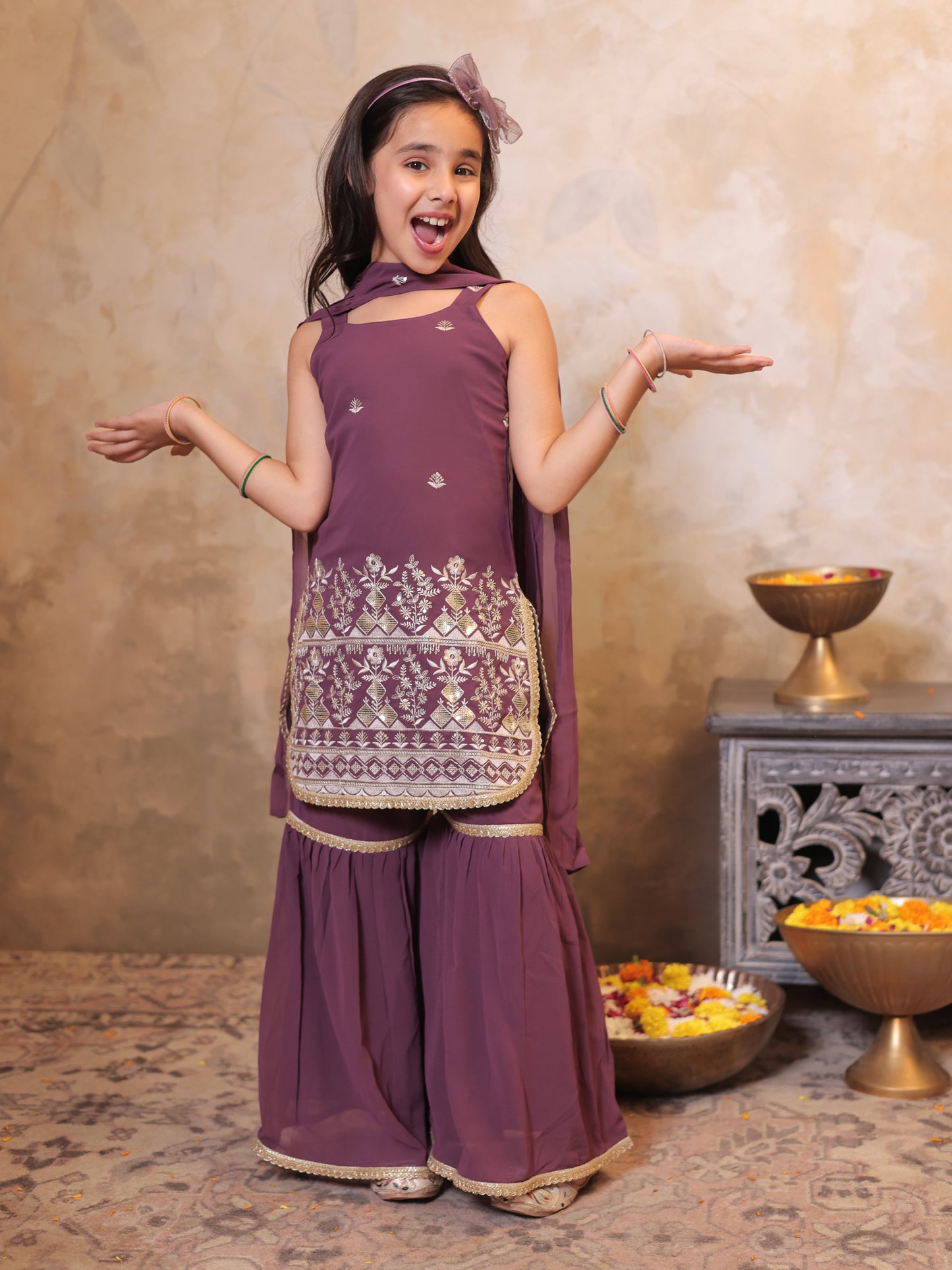 Girls Wine Georgette Sleeveless Heavy Embroidered Girls Sharara Set