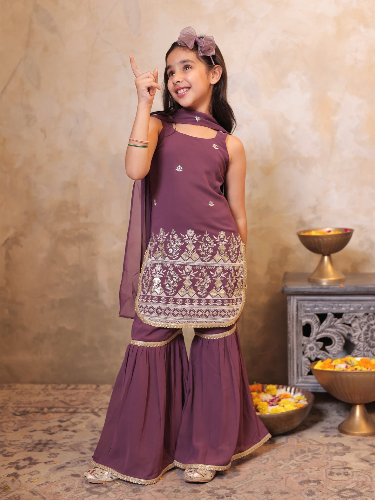 Girls Wine Georgette Sleeveless Heavy Embroidered Girls Sharara Set