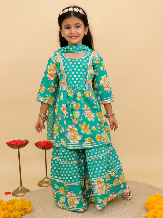 AJ Dezines Green Cotton Three-Fourth Sleeves Floral Printed and Sequins lace work Girls Suit Set