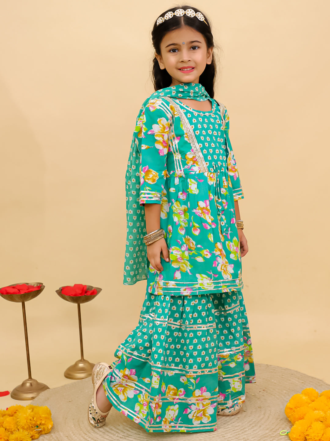 AJ Dezines Green Cotton Three-Fourth Sleeves Floral Printed and Sequins lace work Girls Suit Set