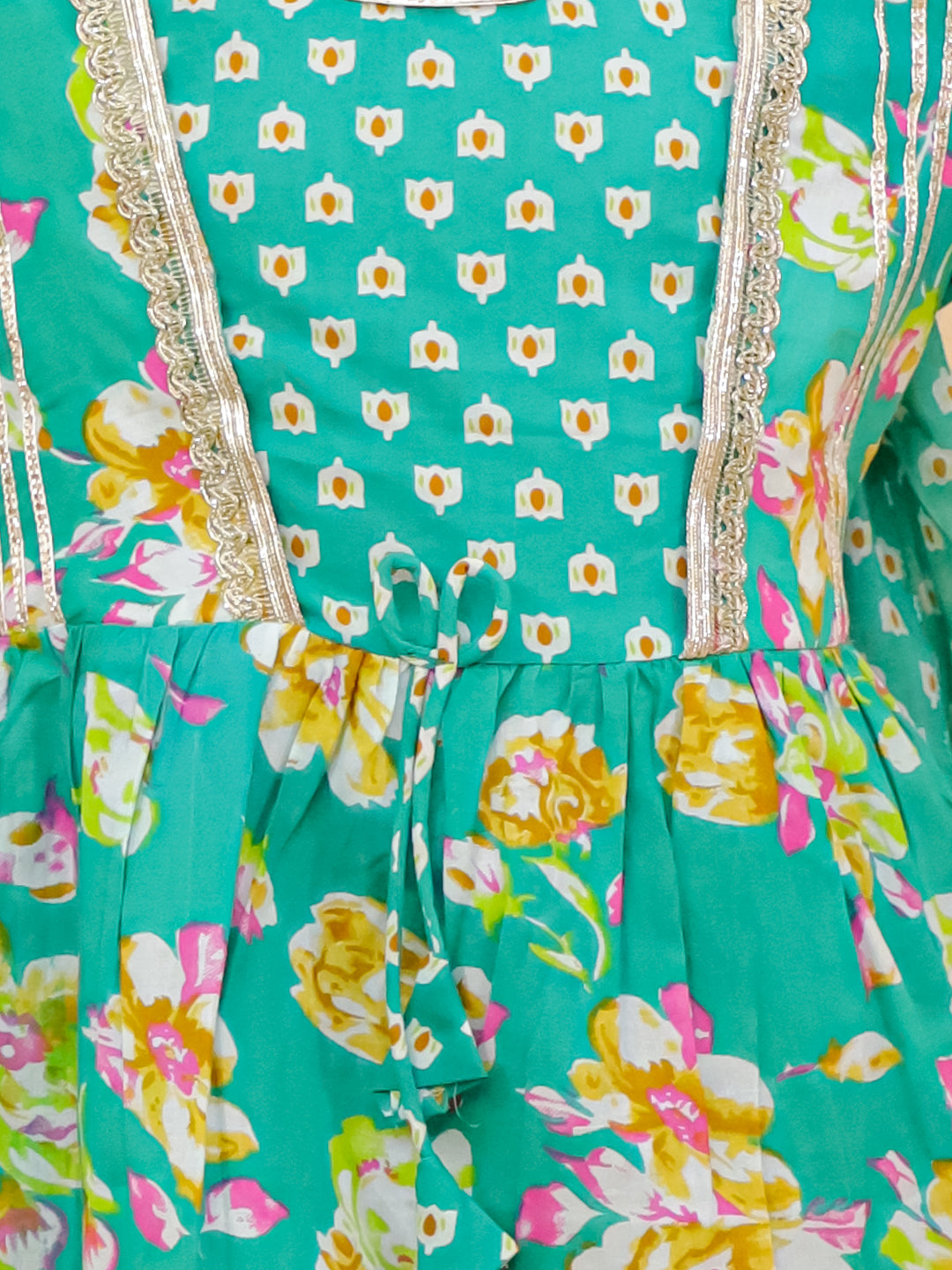 Green Cotton 3/4th Sleeves Floral Printed Girls Suit Set with Sequins Lace Work