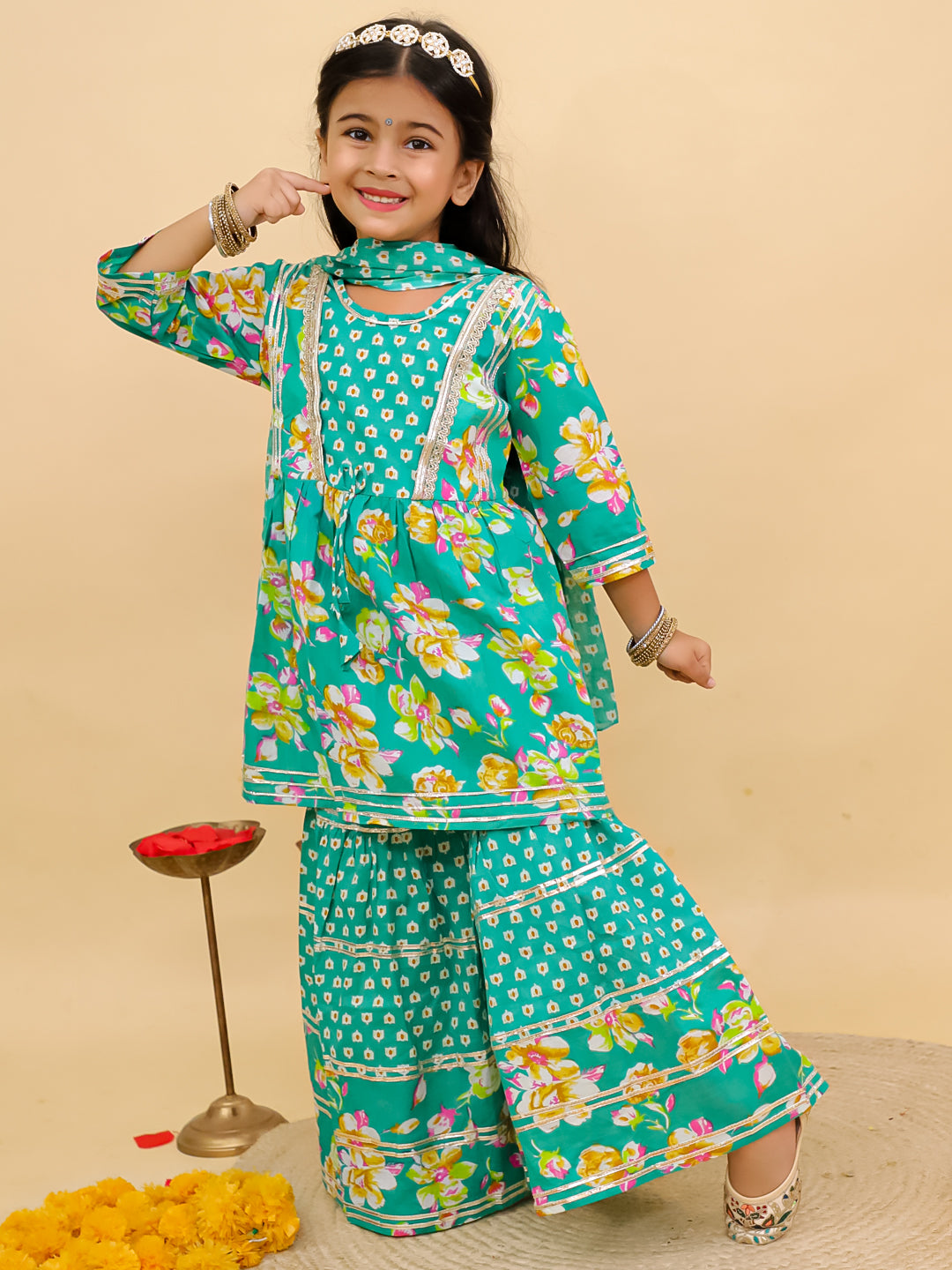 Green Cotton 3/4th Sleeves Floral Printed Girls Suit Set with Sequins Lace Work