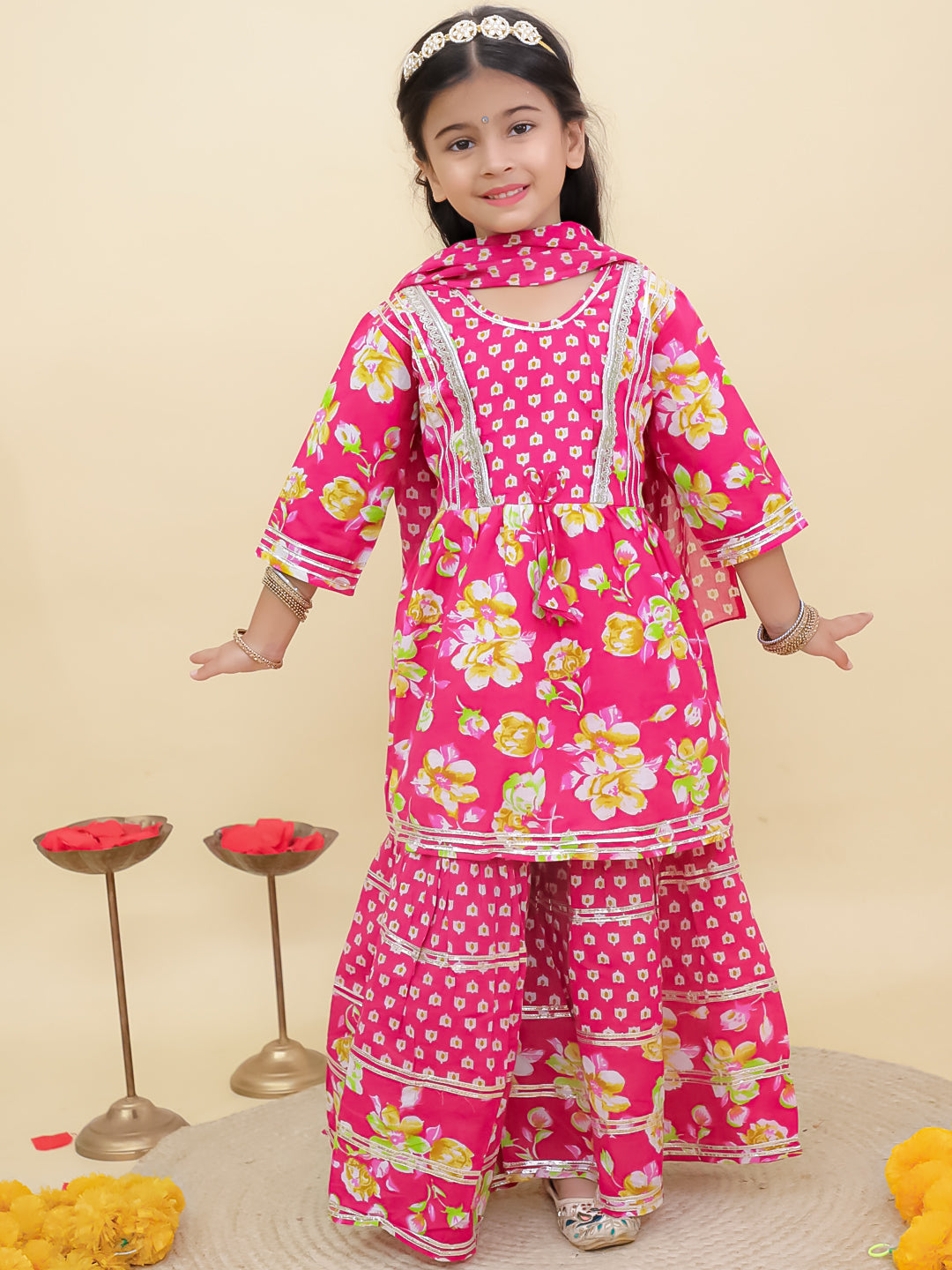 AJ Dezines Pink Cotton Three-Fourth Sleeves Floral Printed and Sequins lace work Girls Suit Set