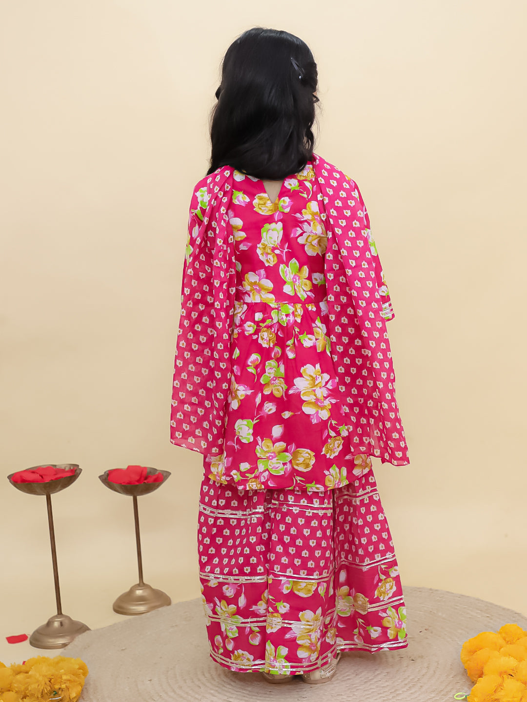 AJ Dezines Pink Cotton Three-Fourth Sleeves Floral Printed and Sequins lace work Girls Suit Set