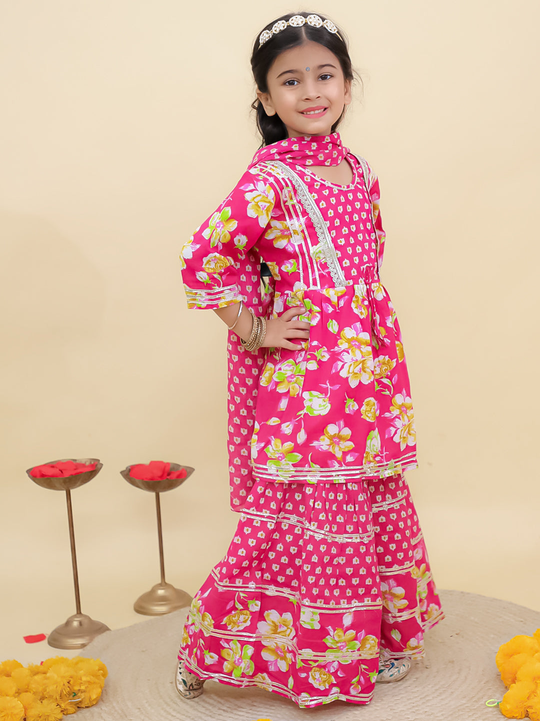 Pink Cotton 3/4th Sleeves Floral Printed Girls Suit Set with Sequins Lace Work